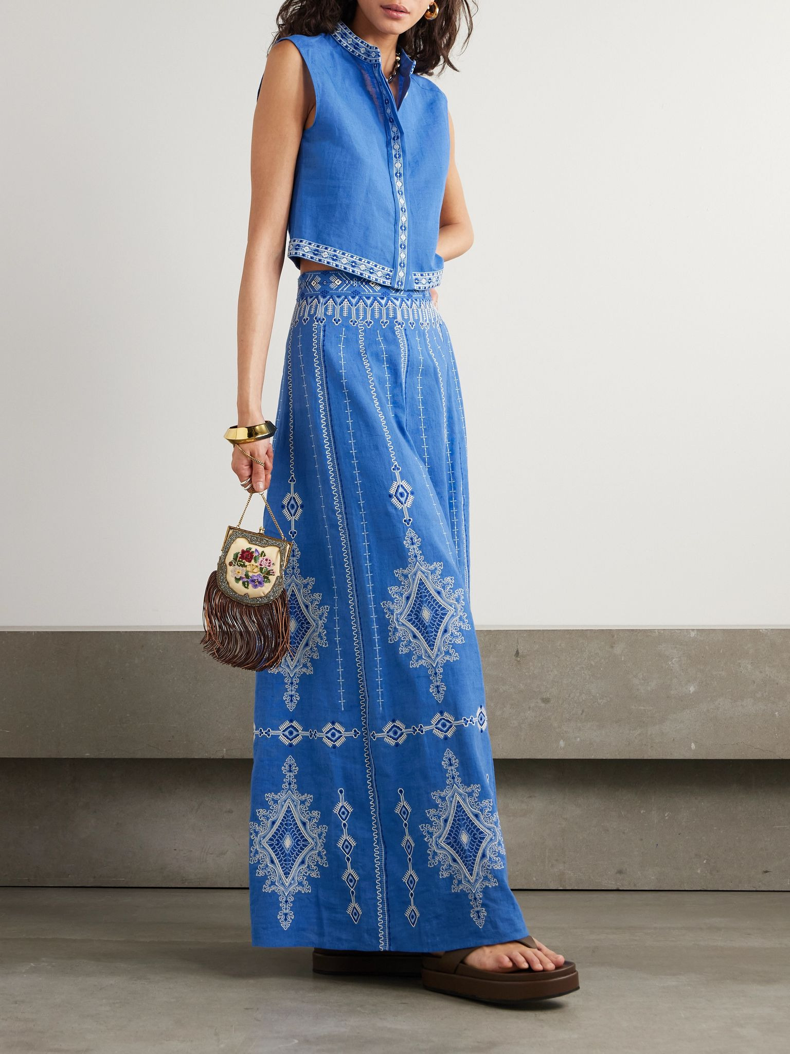 Camille Astragal embroidered linen and cotton-blend maxi skirt Blue - 2
