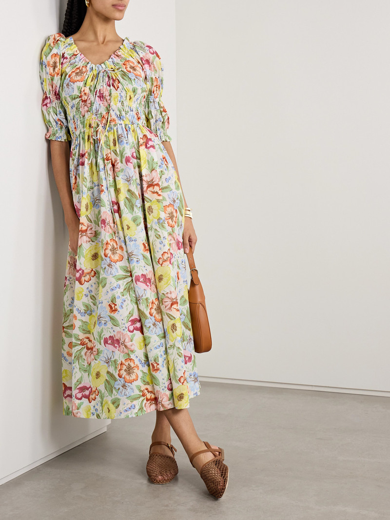 DÔEN Ischia Shirred Floral-print Cotton-voile Midi Dress outlook