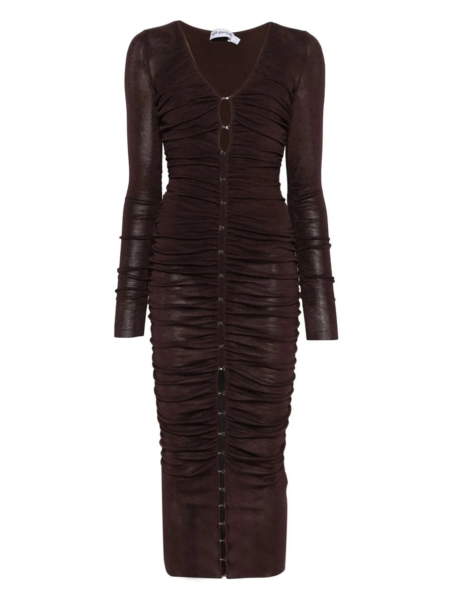 Self-Portrait Brown Gathered Viscose Knit Midi Dress Clothing - 1