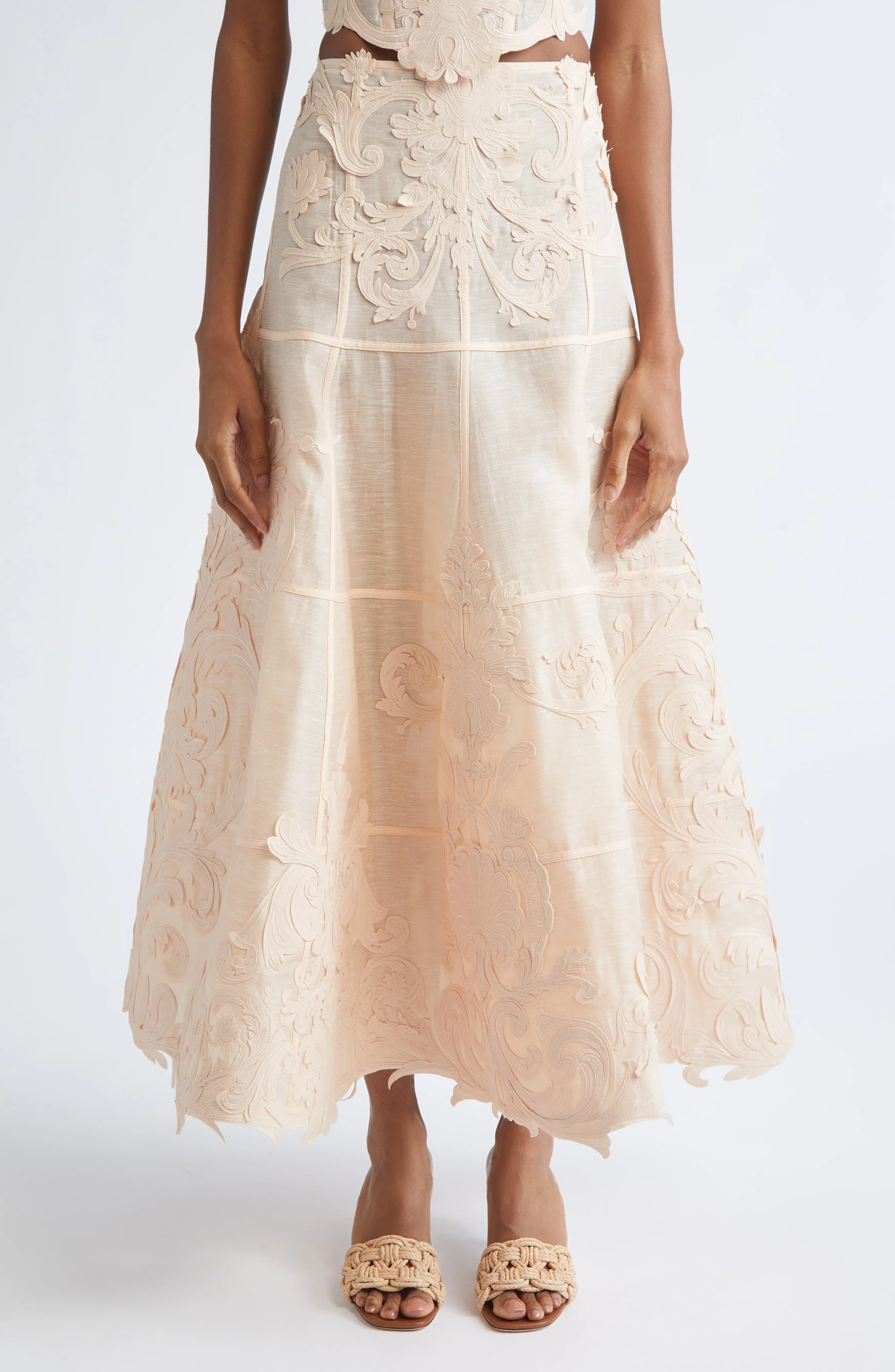 Zimmermann Rebellion Filigree Linen & Silk Midi Skirt in Peach at Nordstrom - 1