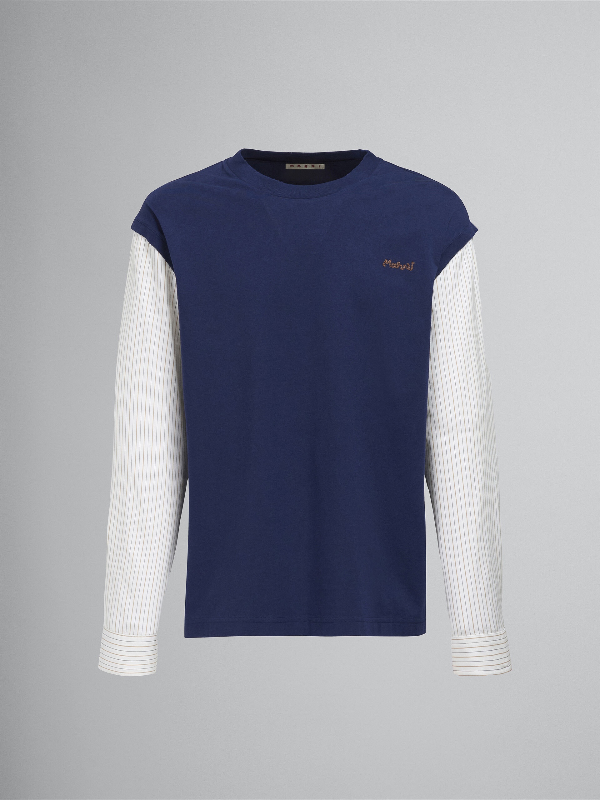 BLUE JERSEY T-SHIRT WITH STRIPED POPLIN SLEEVES - 1