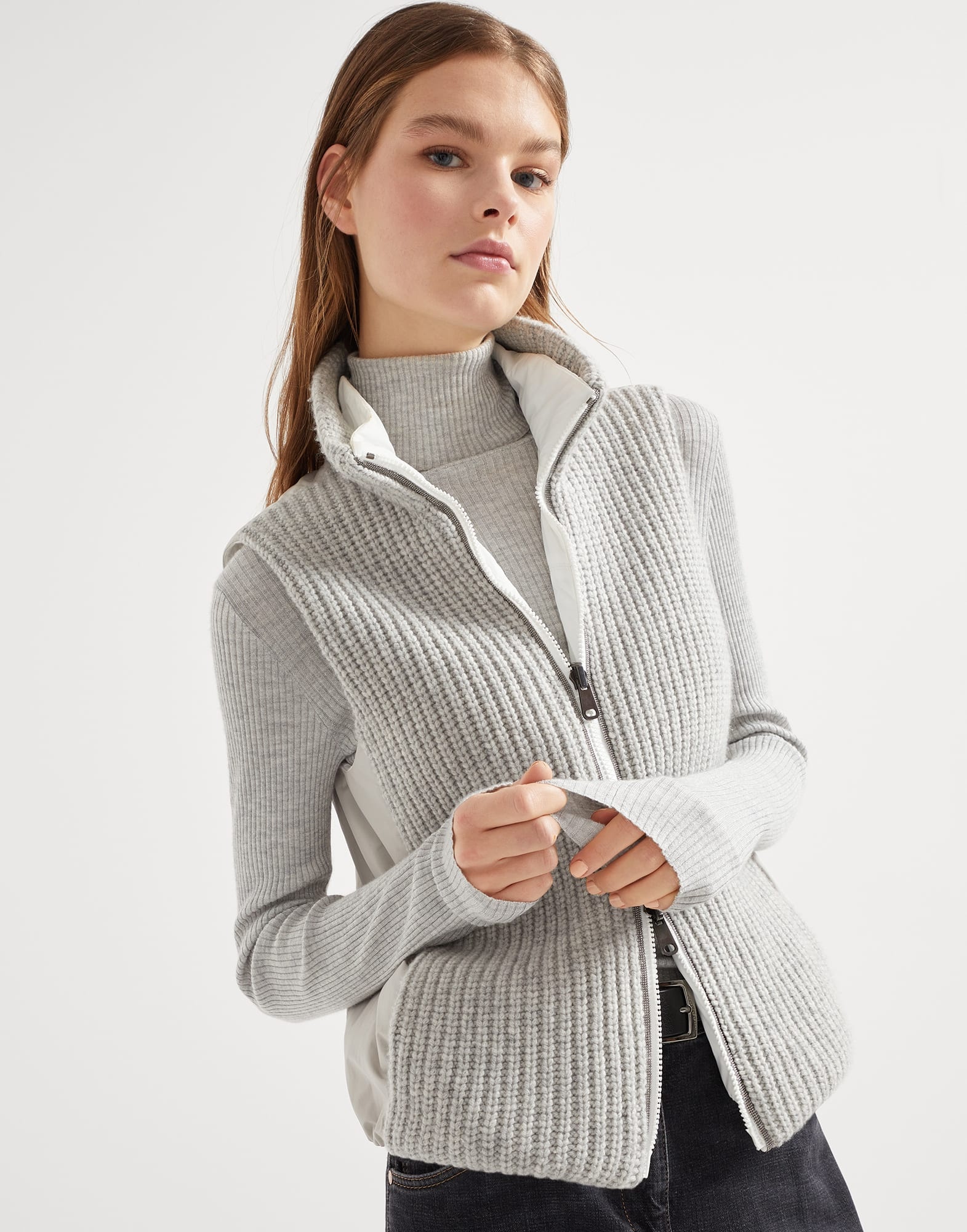 Cashmere Feather yarn reversible knit down vest with monili - 4
