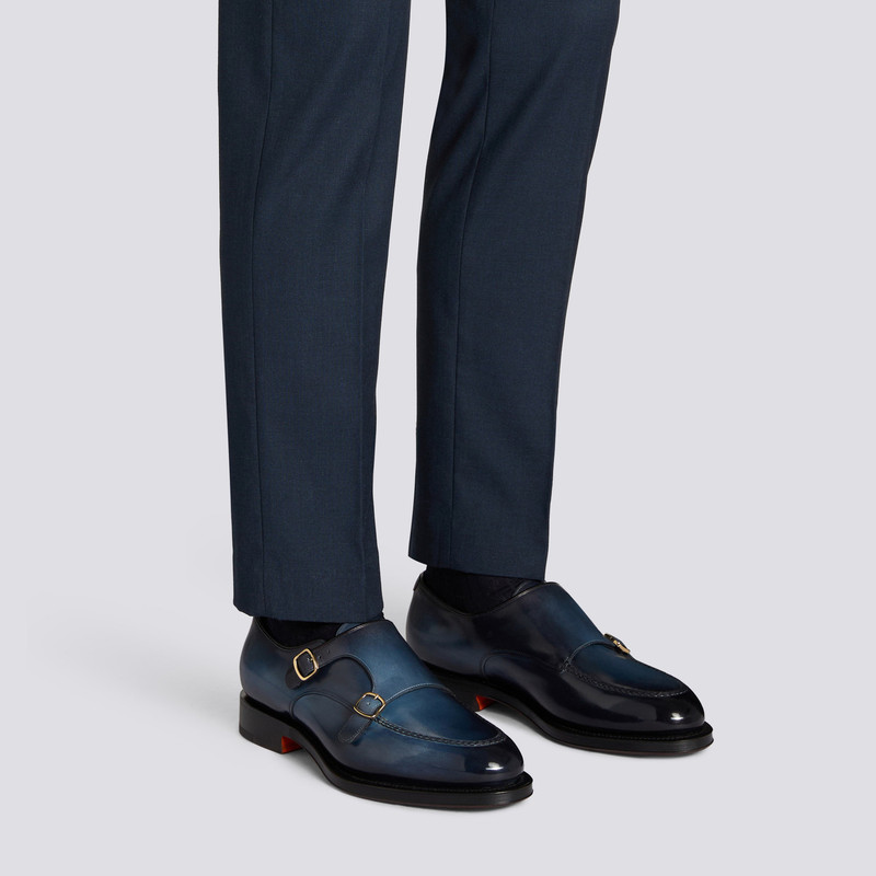Santoni Men's blue leather double-buckle shoe outlook