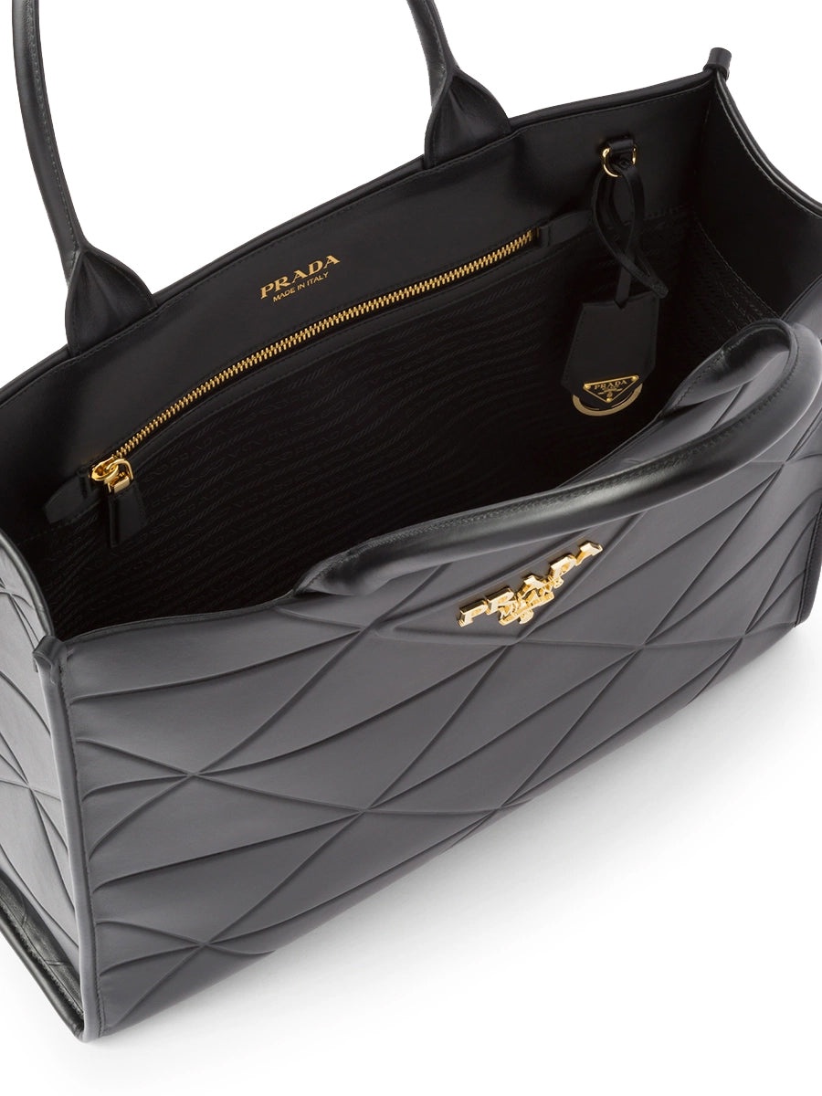 Large Leather Prada Symbole Bag with Topstitching in Black - 4