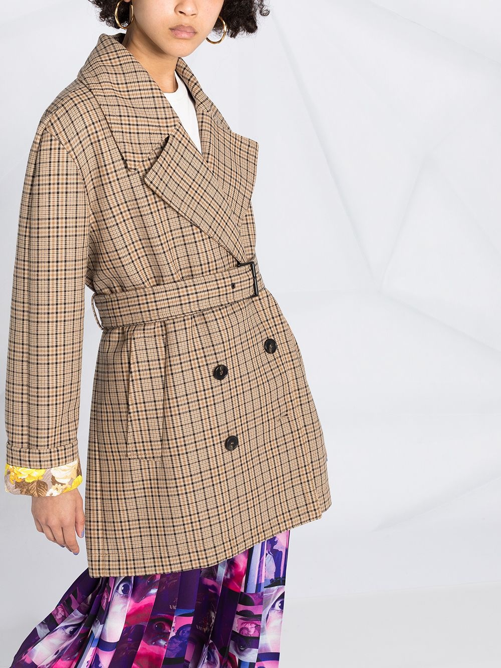 checked belted coat - 3