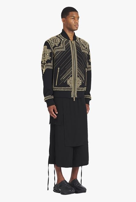 Black nylon bomber jacket with embroidered gold-tone studs - 7