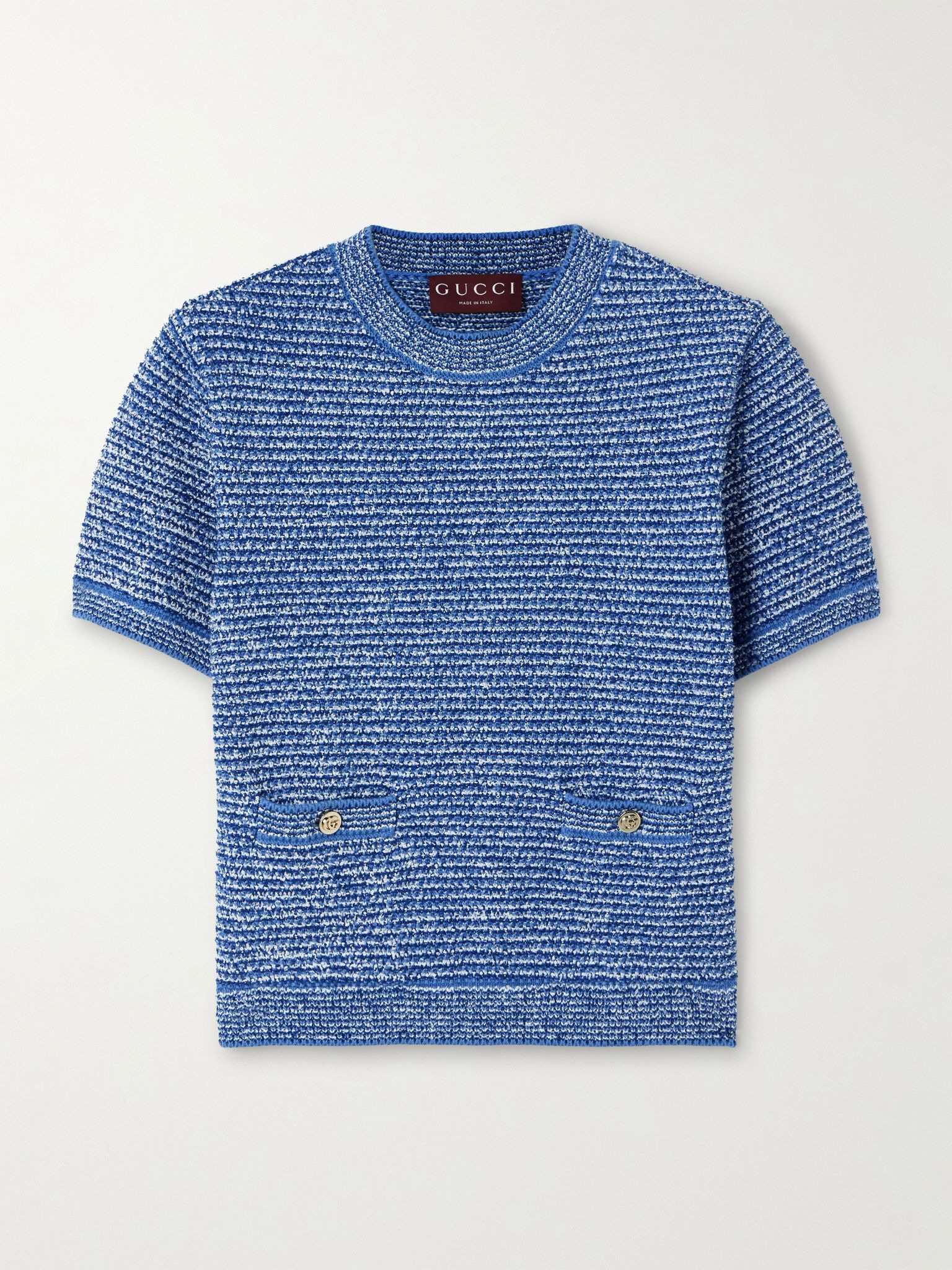 Striped cotton-blend bouclé top Light denim - 1