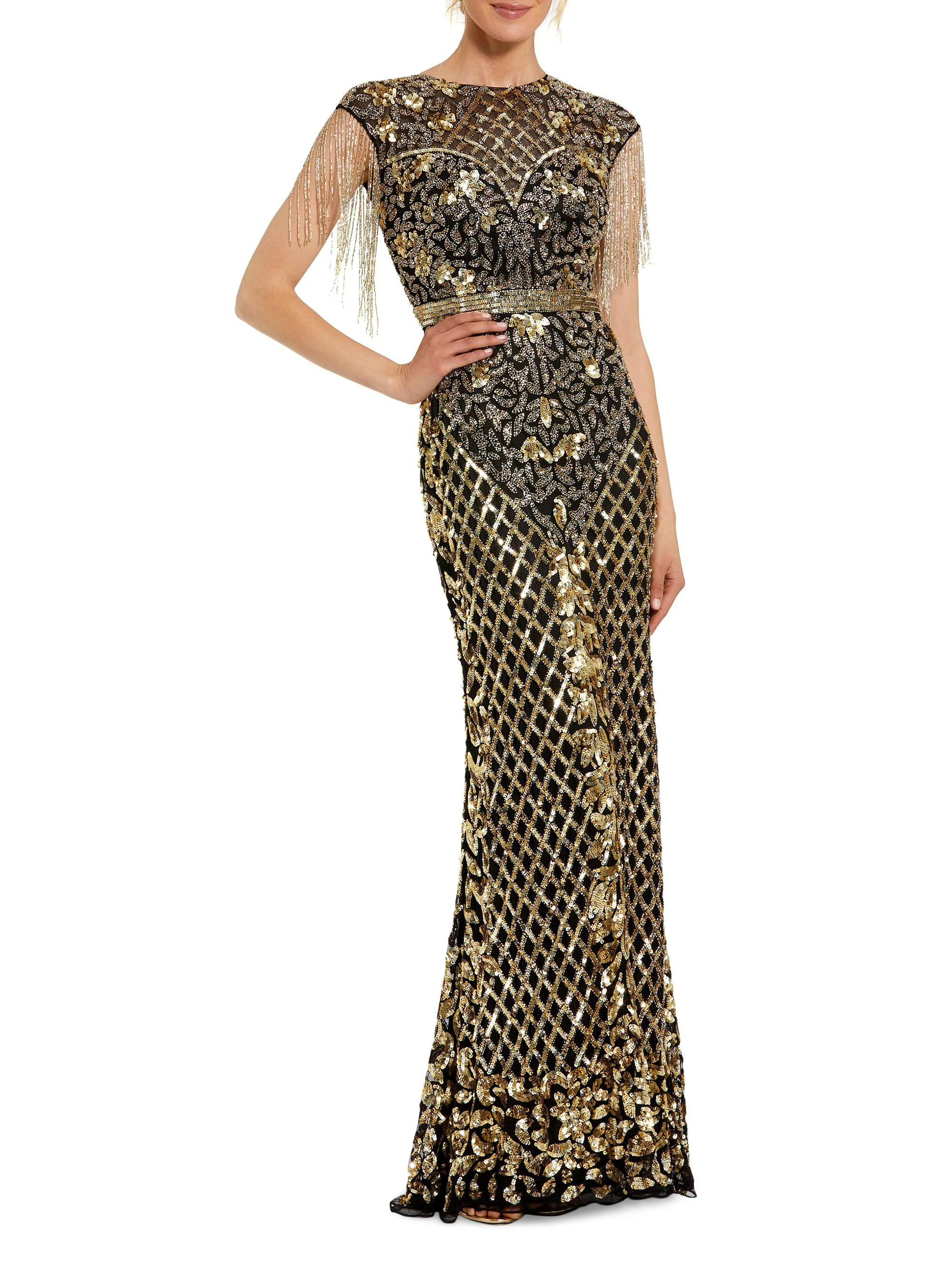 Women's Beaded Fringe Gown - Black Gold - 1