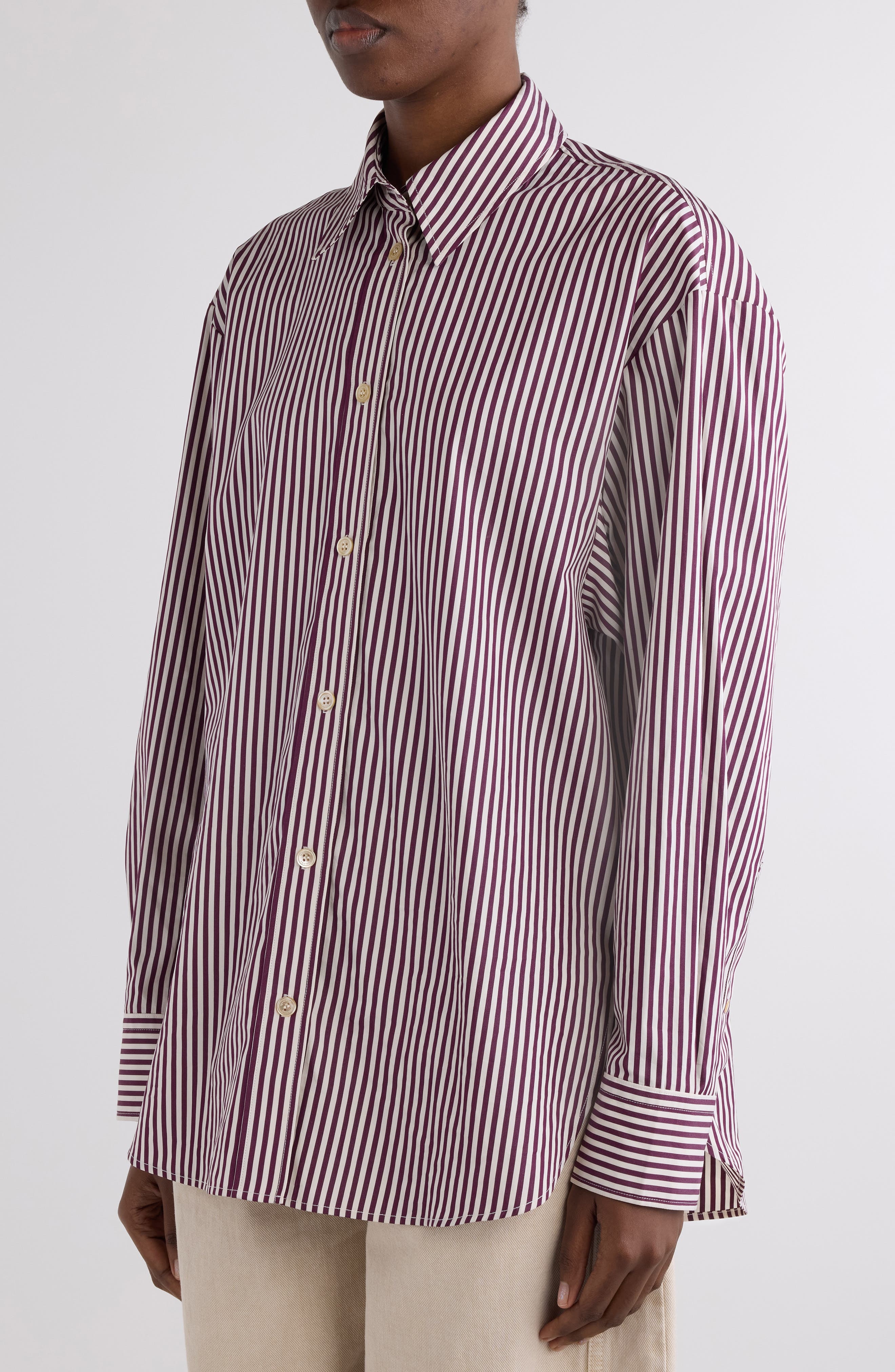 Isabel Marant Fabriza Stripe Cotton Poplin Button-Up Shirt in Ecru/Burgundy at Nordstrom - 5