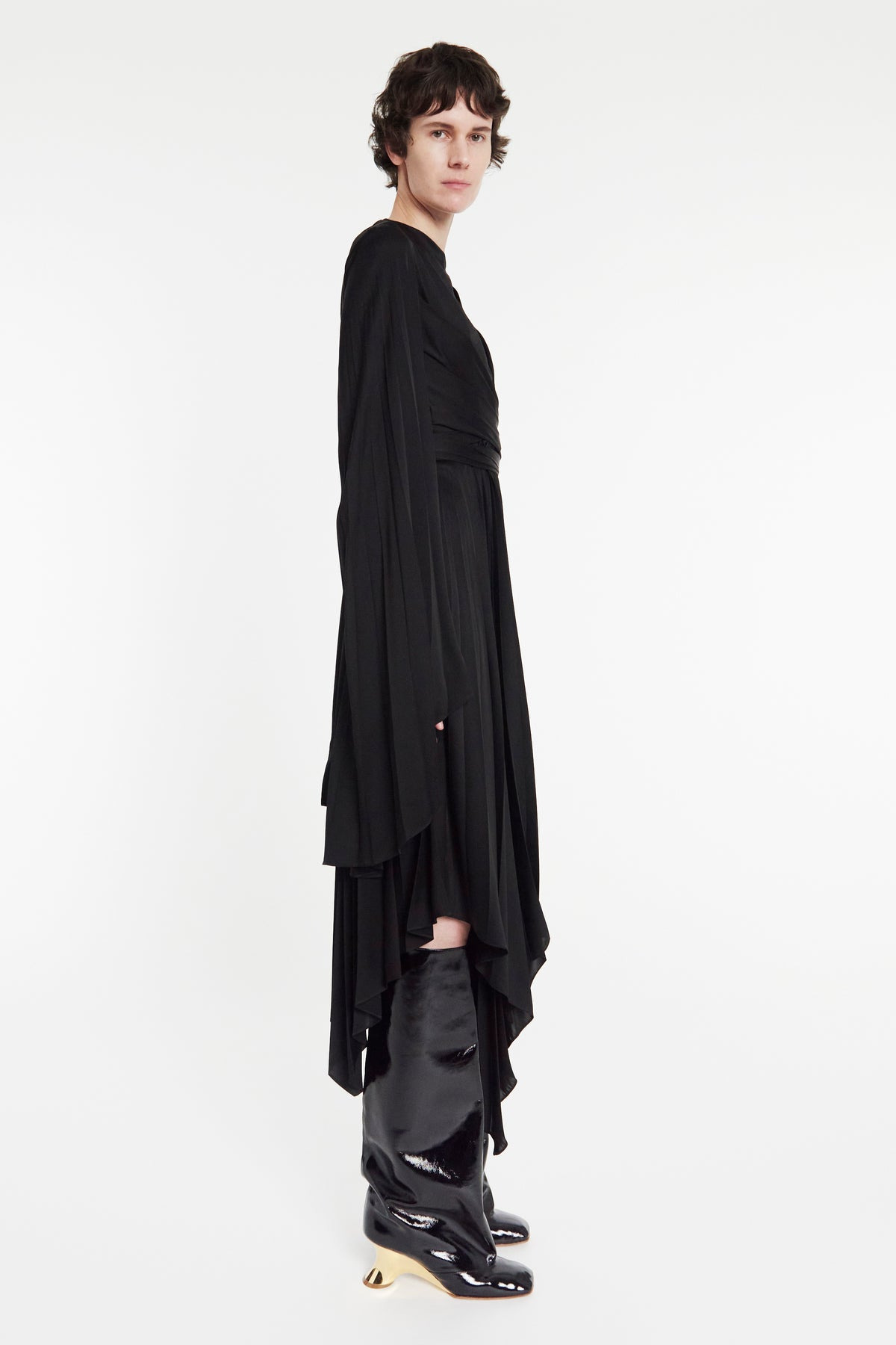 WRAP AROUND MIDI DRESS WITH PLEATED SKIRT & SLEEVES BLACK - 13