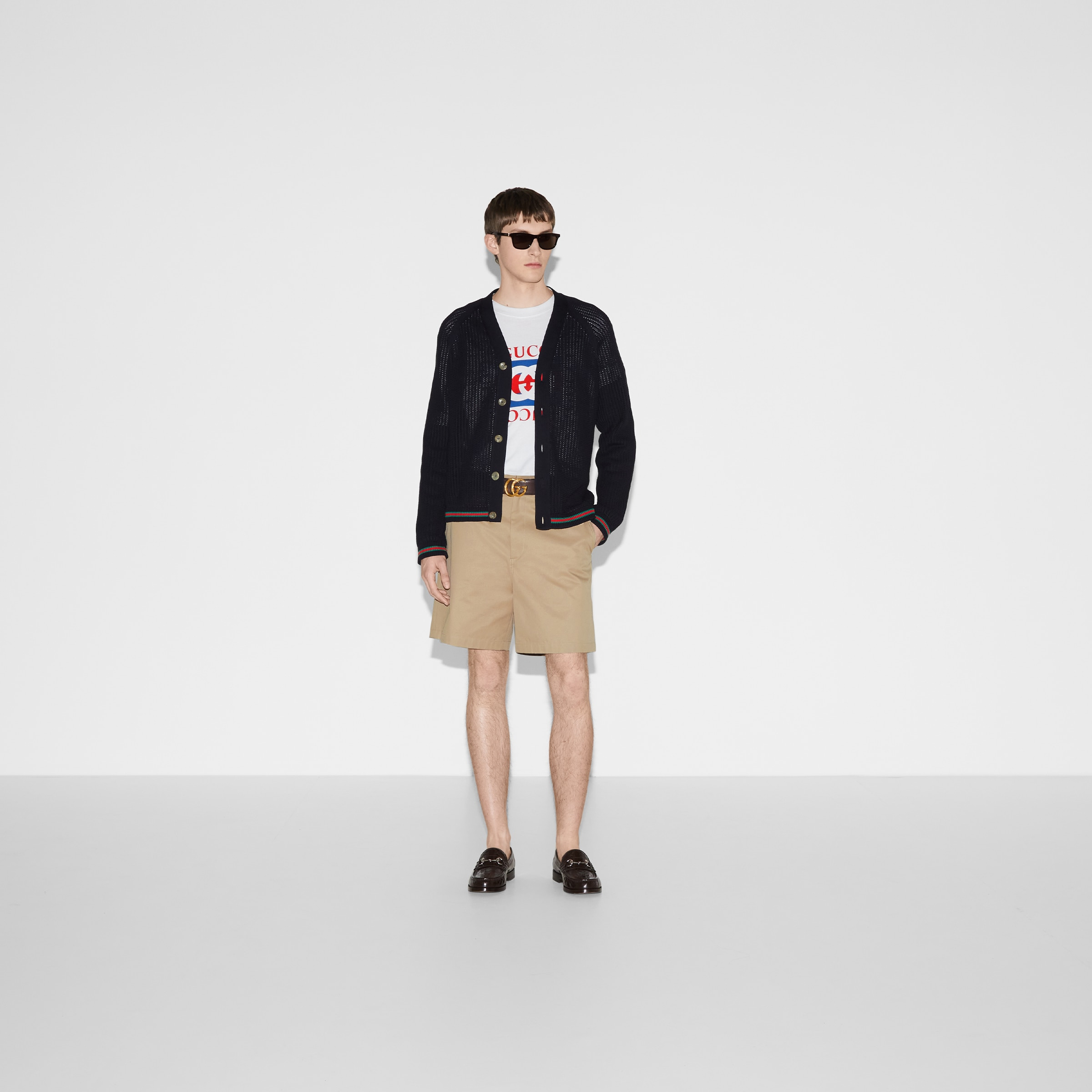 Ajour cotton knit cardigan with Web - 2