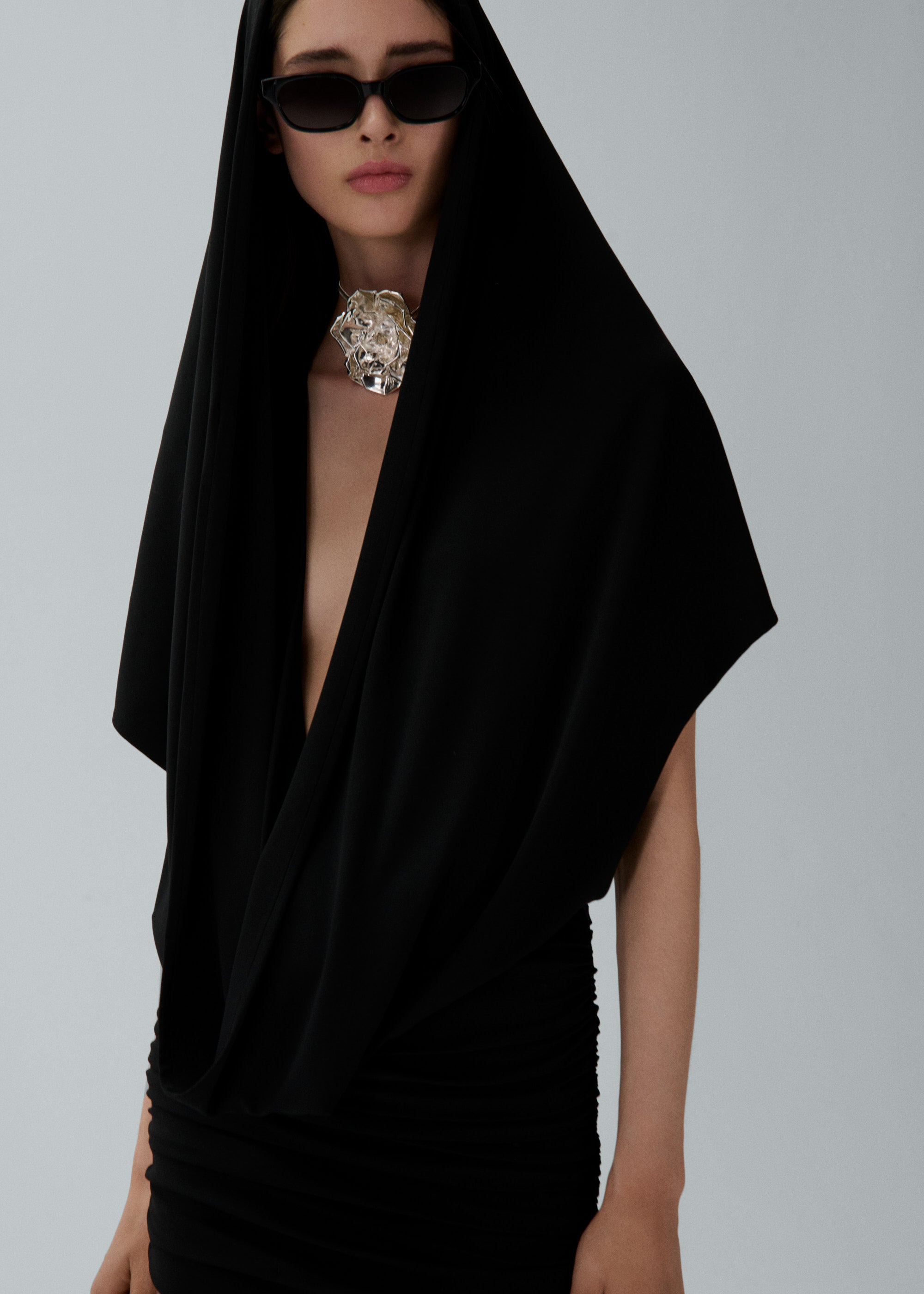 Hooded plunge maxi dress in black - 4