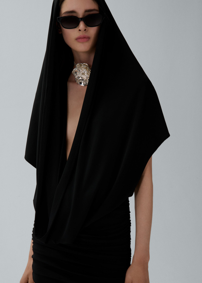 Hooded plunge maxi dress in black 4