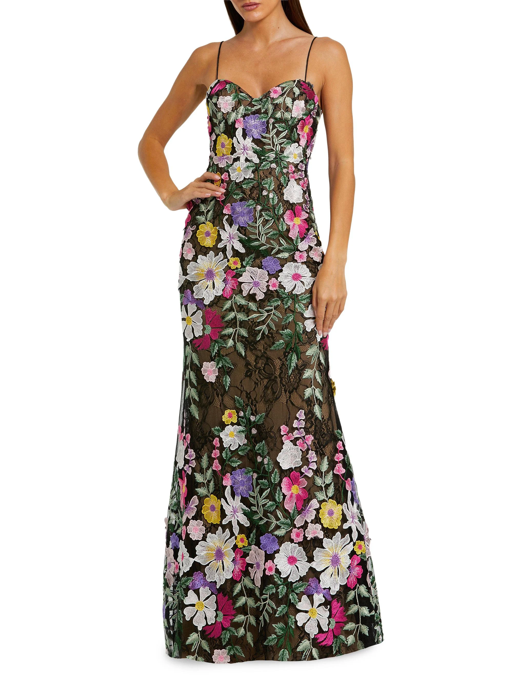 Women's Prom Floral Embroidered Bustier Gown - Black Multi - 1