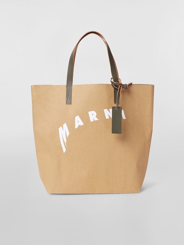 BEIGE CELLULOSE SHOPPING BAG WITH CALFSKIN HANDLES AND DISTORTED MARNI LOGO - 1