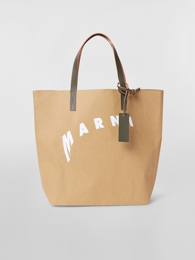 BEIGE CELLULOSE SHOPPING BAG WITH CALFSKIN HANDLES AND DISTORTED MARNI LOGO 1