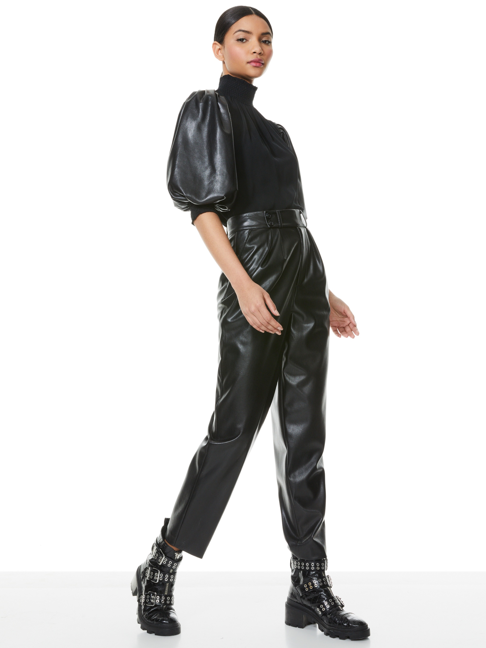 CARMINA VEGAN LEATHER SLEEVE BLOUSE - 6