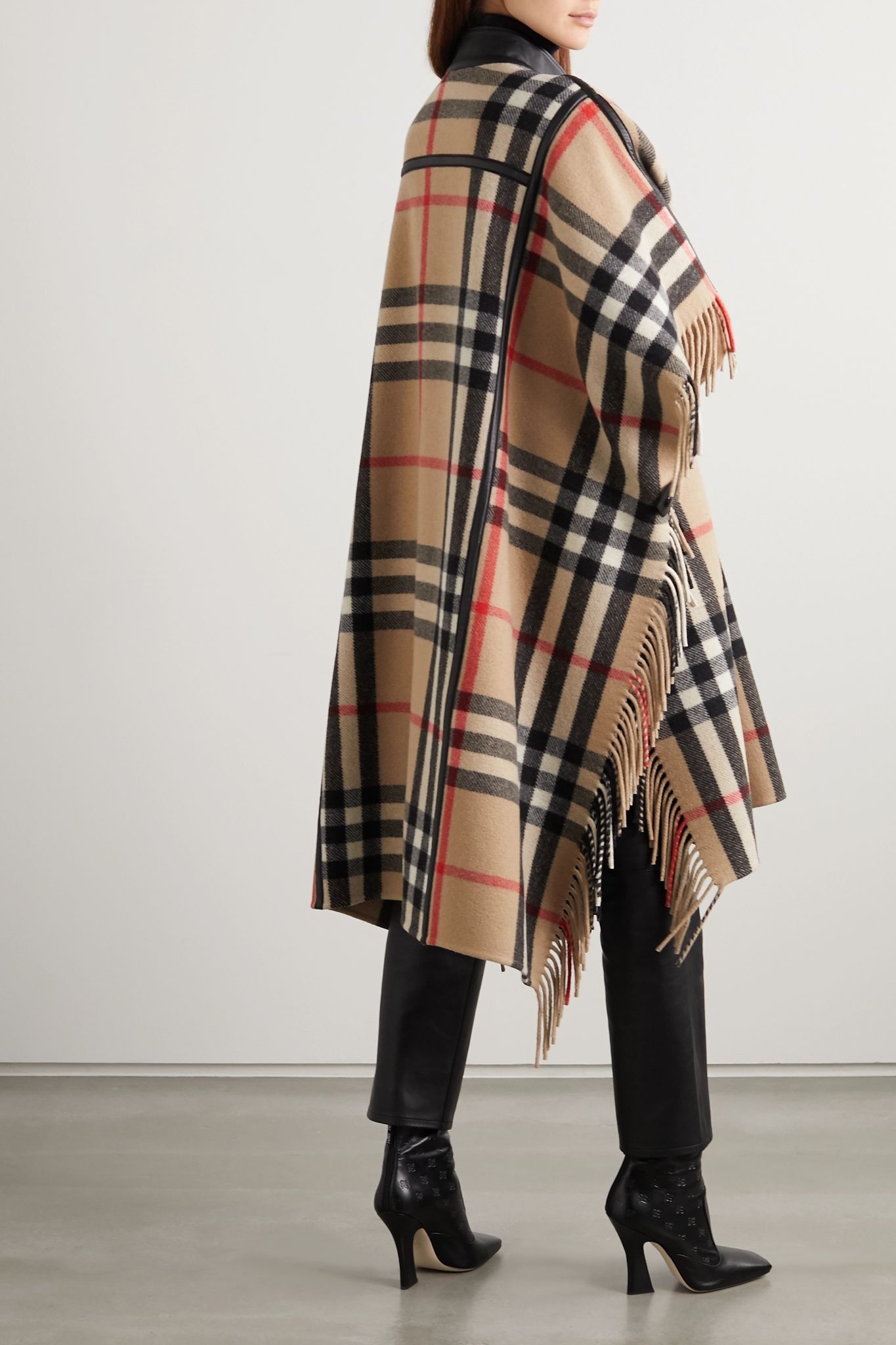 Leather-trimmed fringed checked wool-blend cape - 4