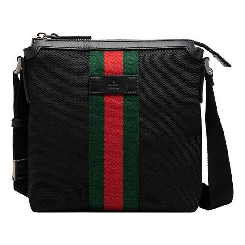 Men's Gucci Red Green Stripe Webbing Leather Logo Canvas Shoulder Messenger Bag Black 631195-KWT7N-1 1