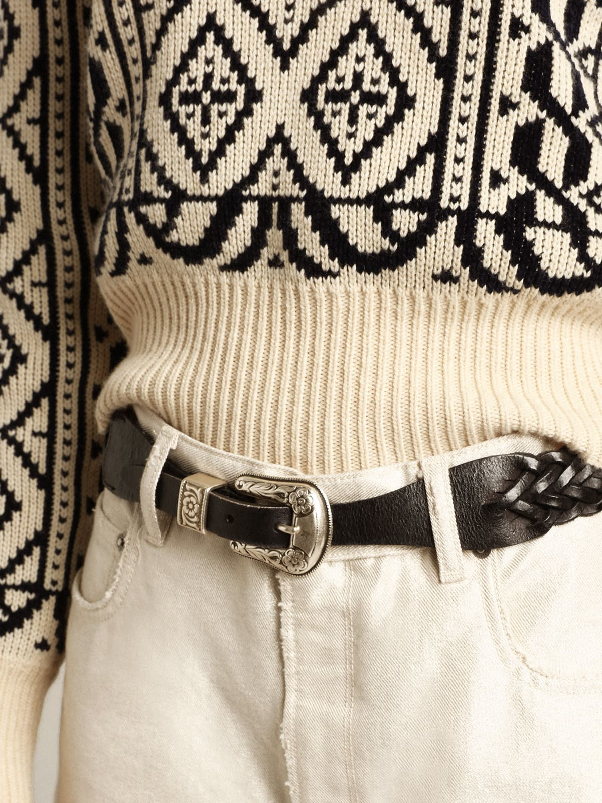 Belt in black braided leather with silver color buckle - 3