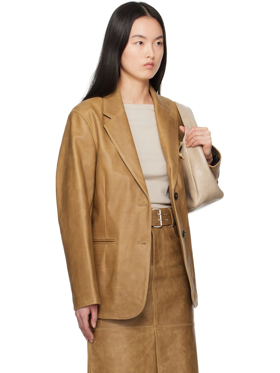Tan Opening Leather Blazer - 2