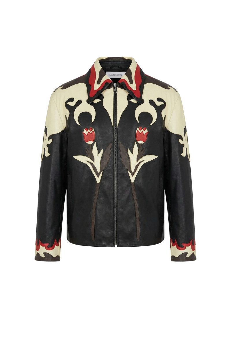 LEATHER BLOUSON WITH FLORAL PATCHES 1