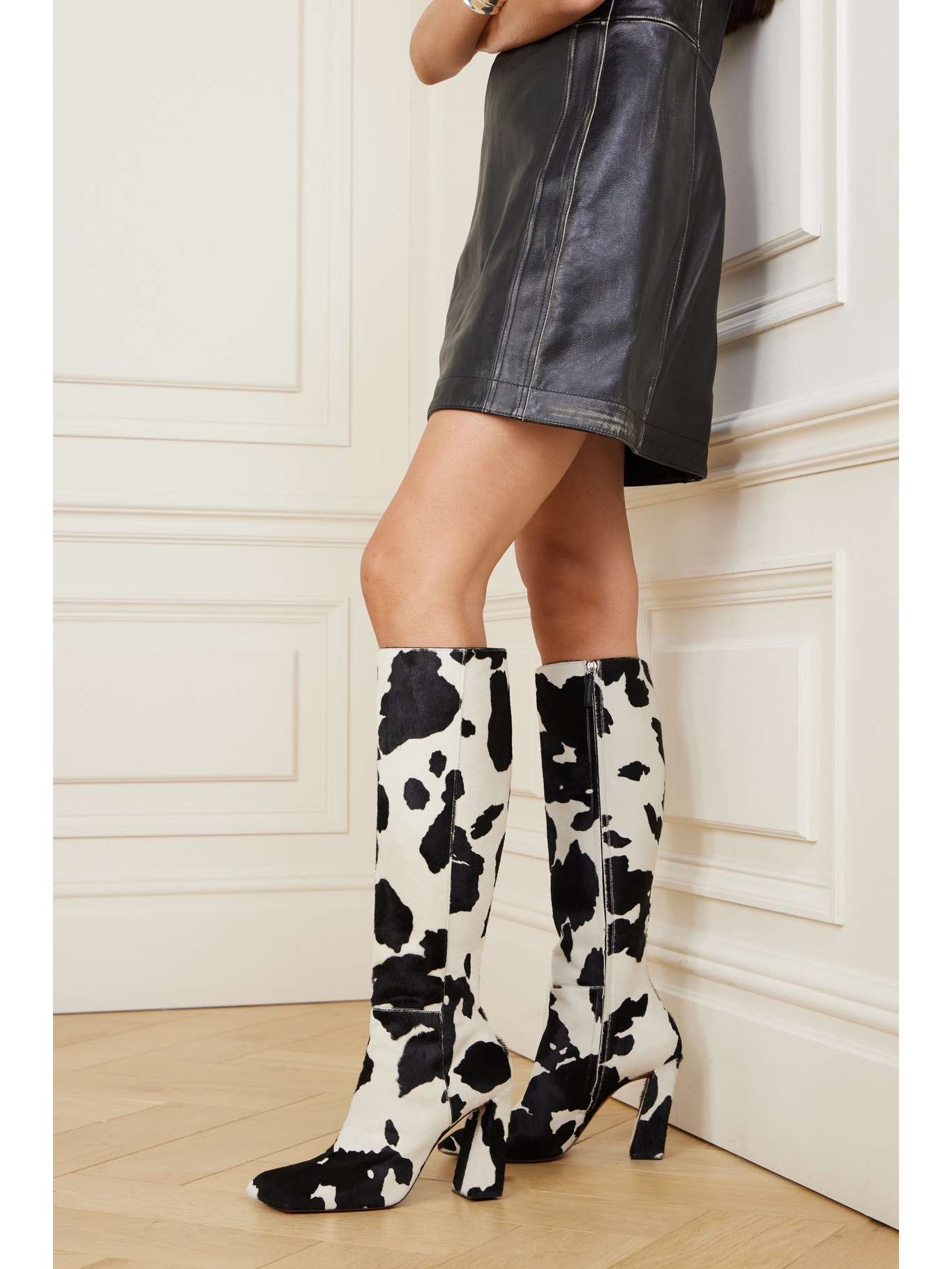 Amina Muaddi Marine cow print pony hair knee boots REVERSIBLE