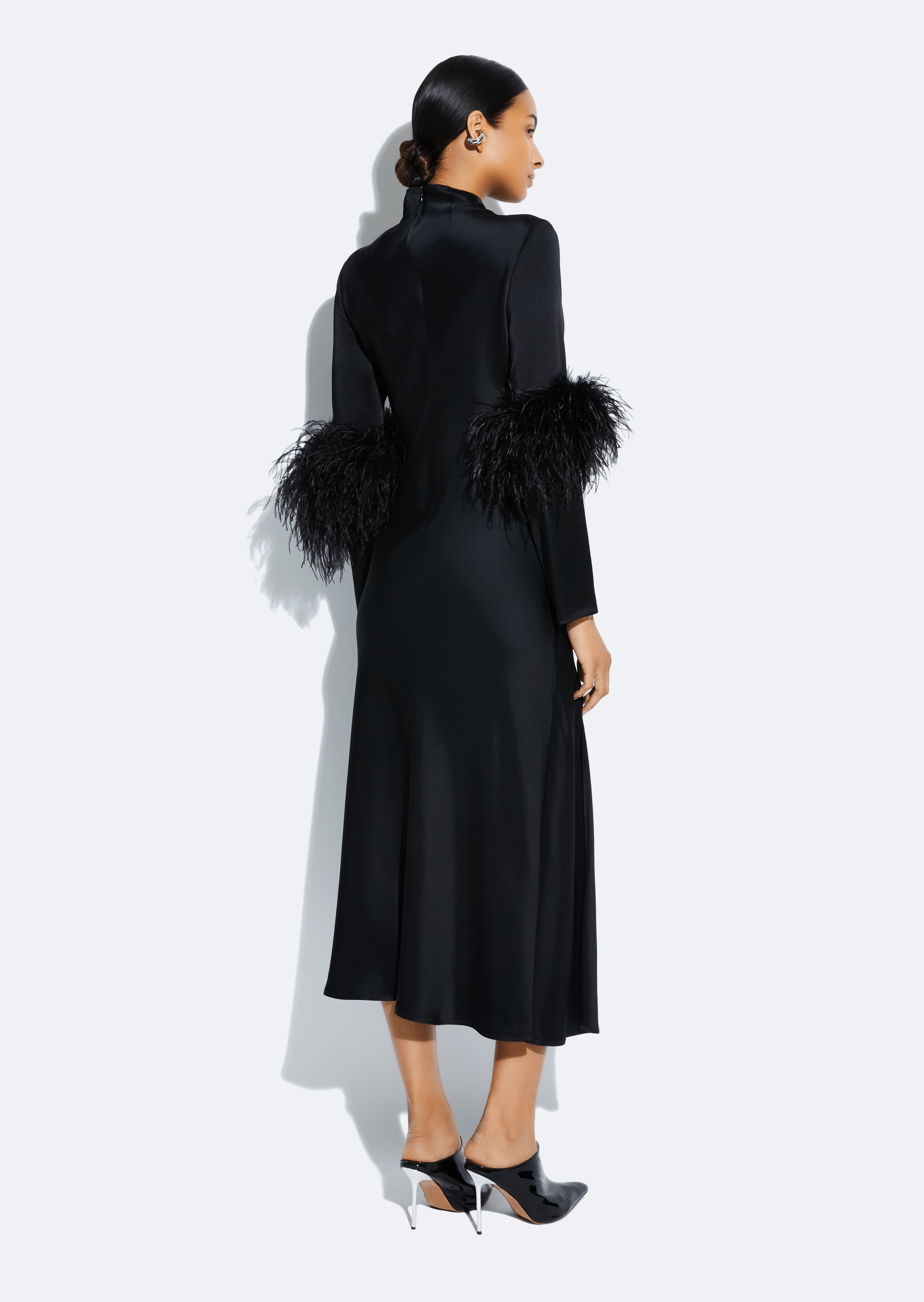 Satin Draped Neck Bias Dress With Feathers - 3