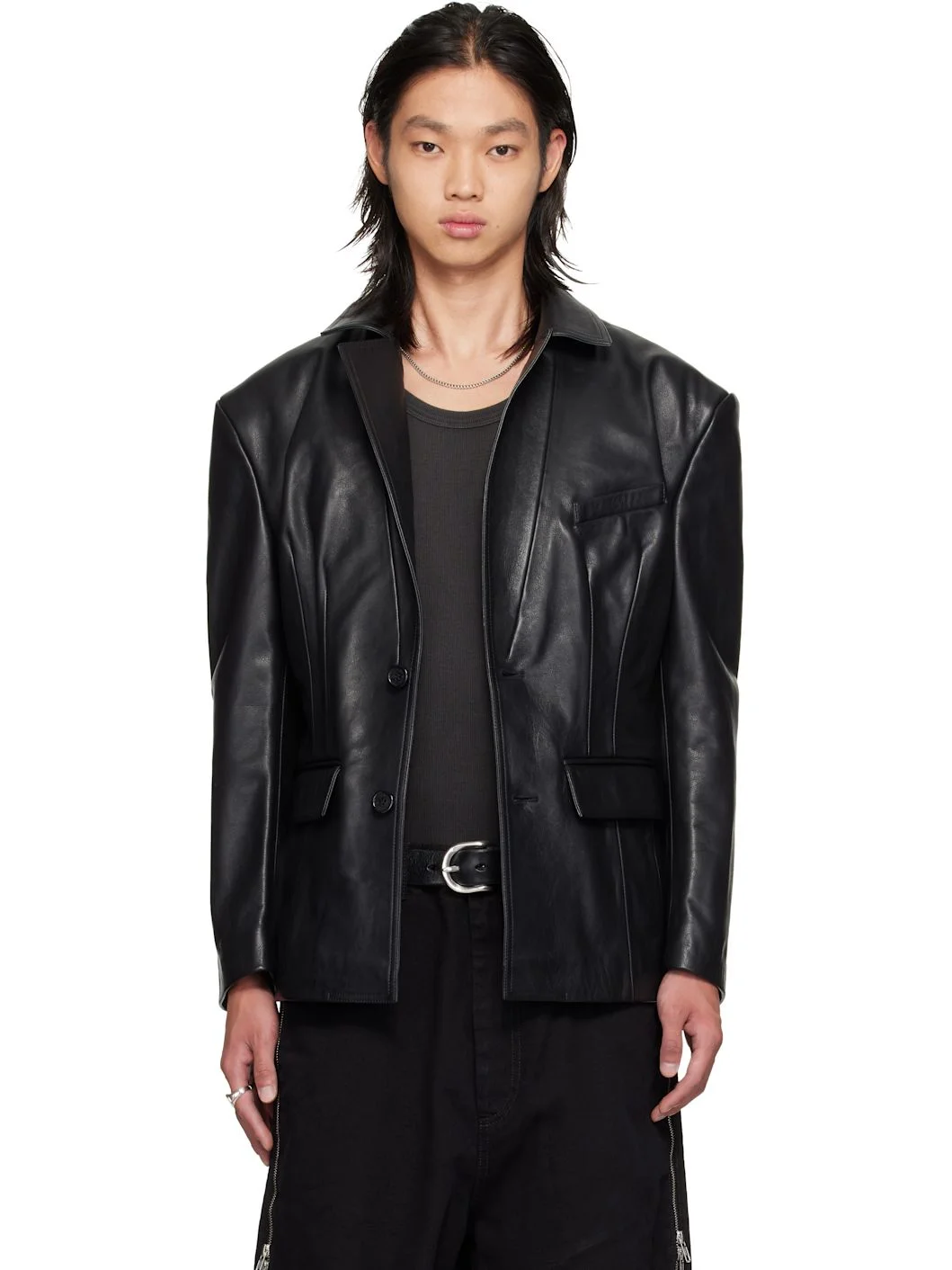 Black Cinched Leather Blazer - 1