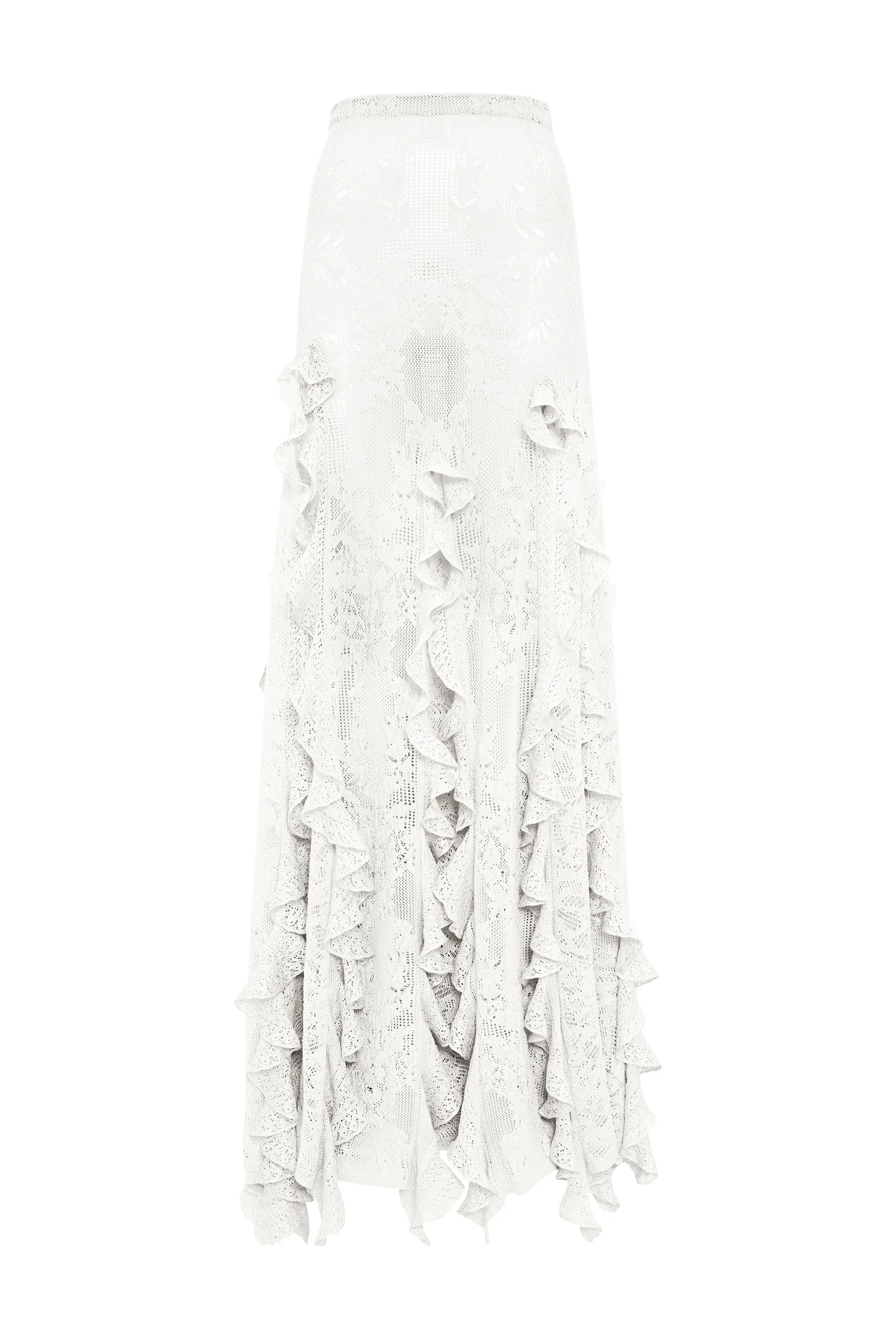 Garnet Pointelle Knit Lace Skirt in Ivory Silk Merino Wool with Custom Ruffles - 1