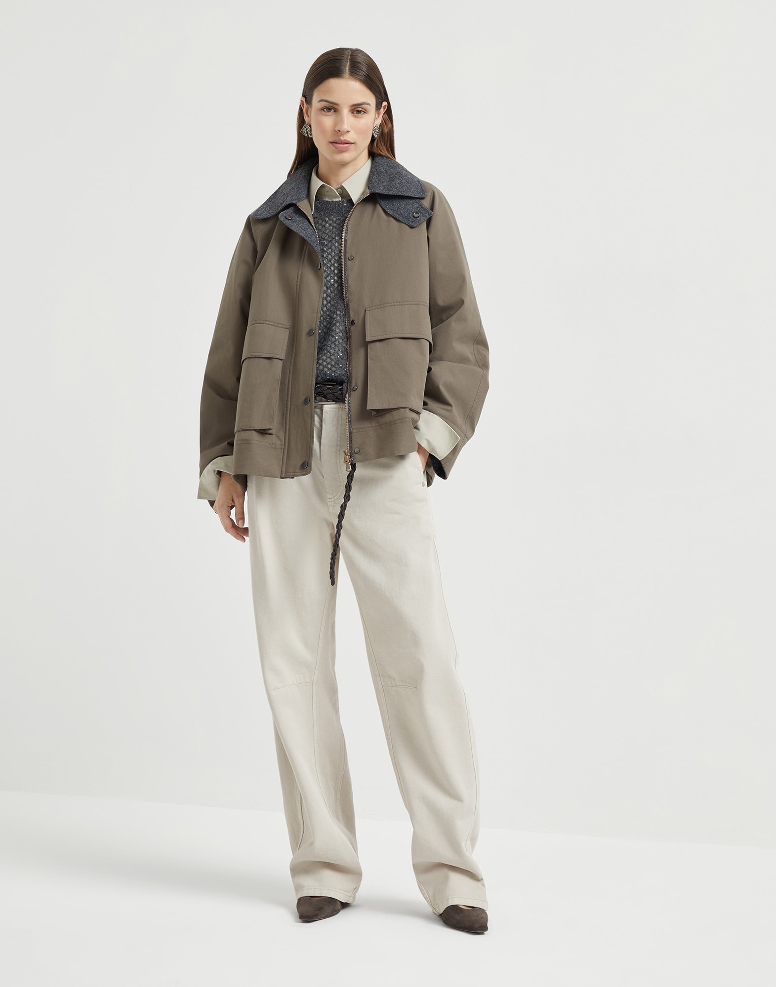 Dyed denim soft curved trousers with monili - 4