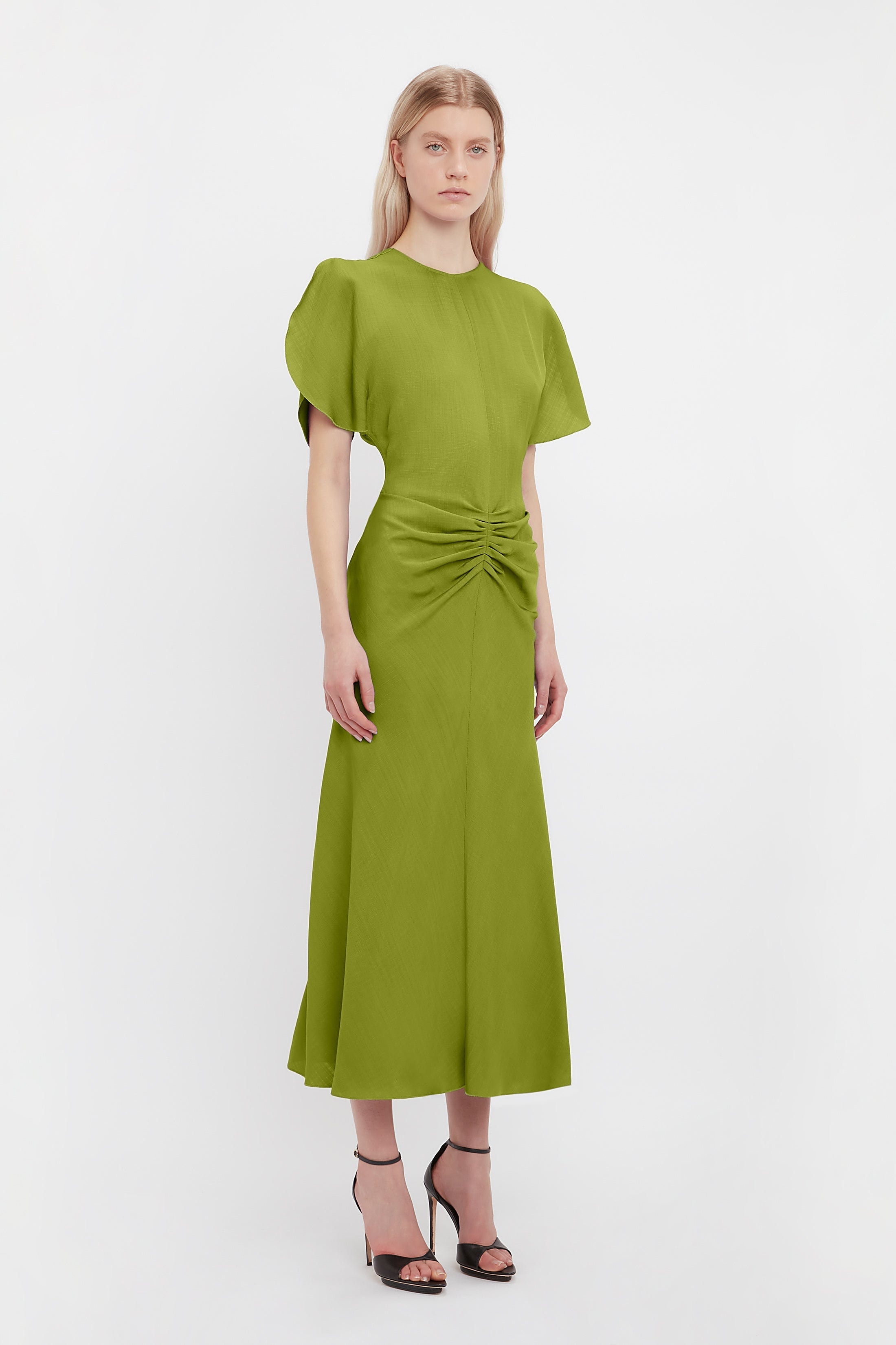 Victoria Beckham Gathered Waist Midi Dress In Parrot Green