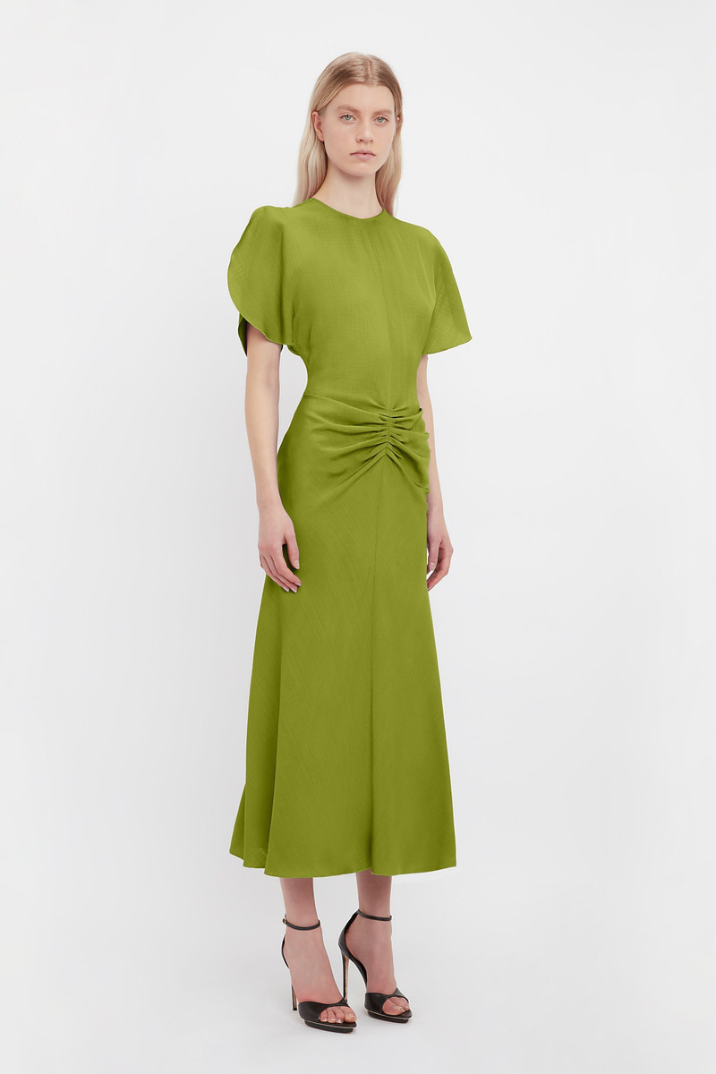 Gathered Waist Midi Dress In Parrot Green 3