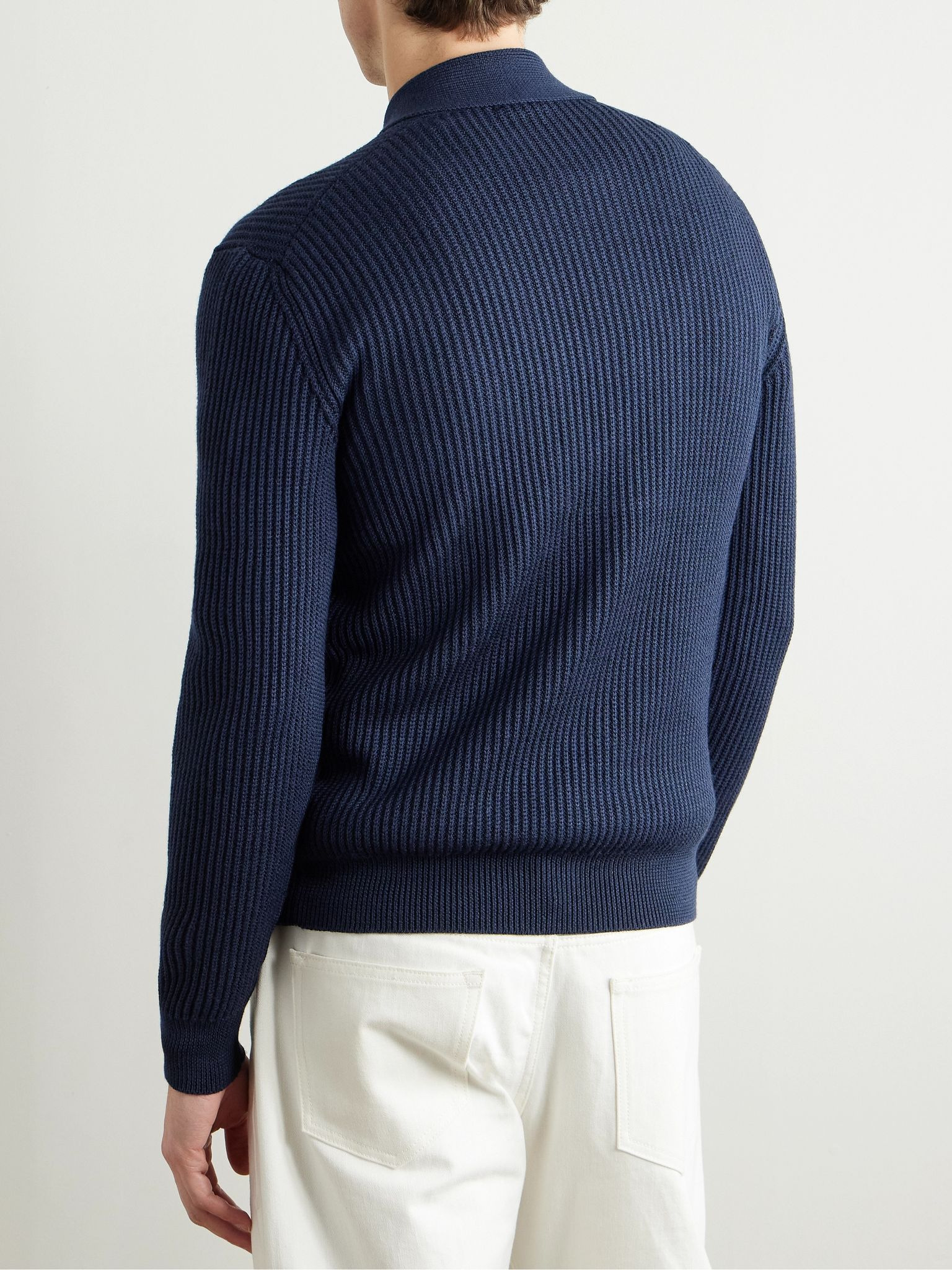 Slim-Fit Shawl-Collar Ribbed Merino Wool-Blend Half-Placket Sweater Navy - 3