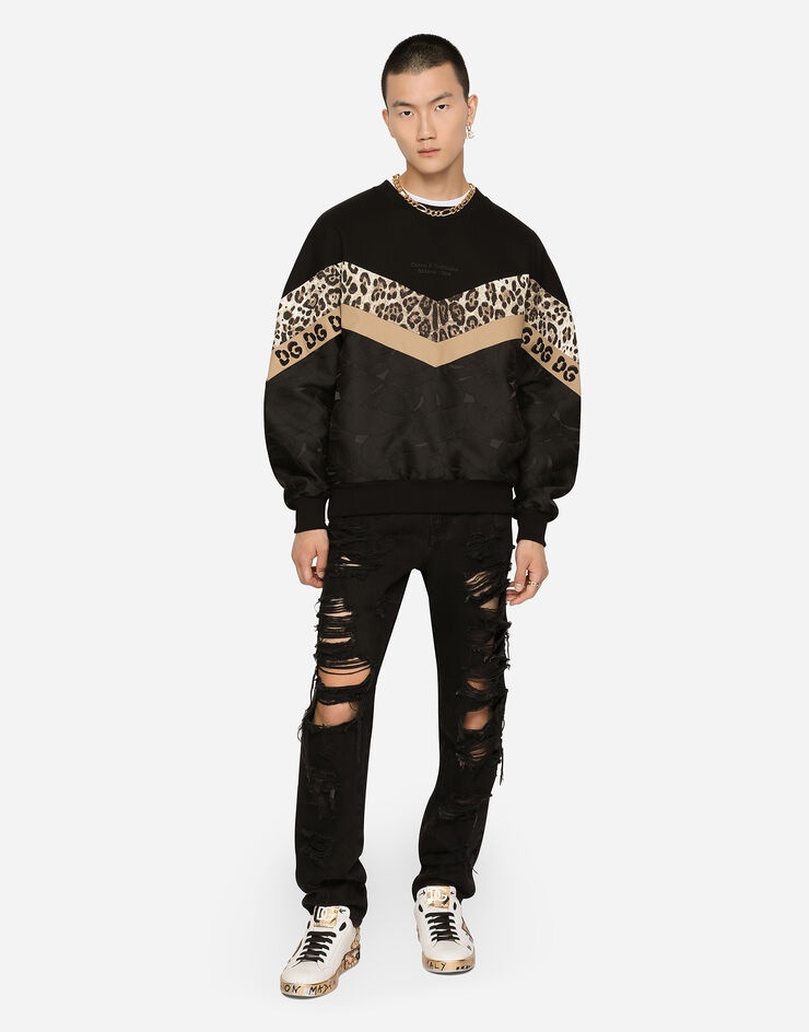 Mixed-fabric sweatshirt with leopard inlay and patch embellishment - 2