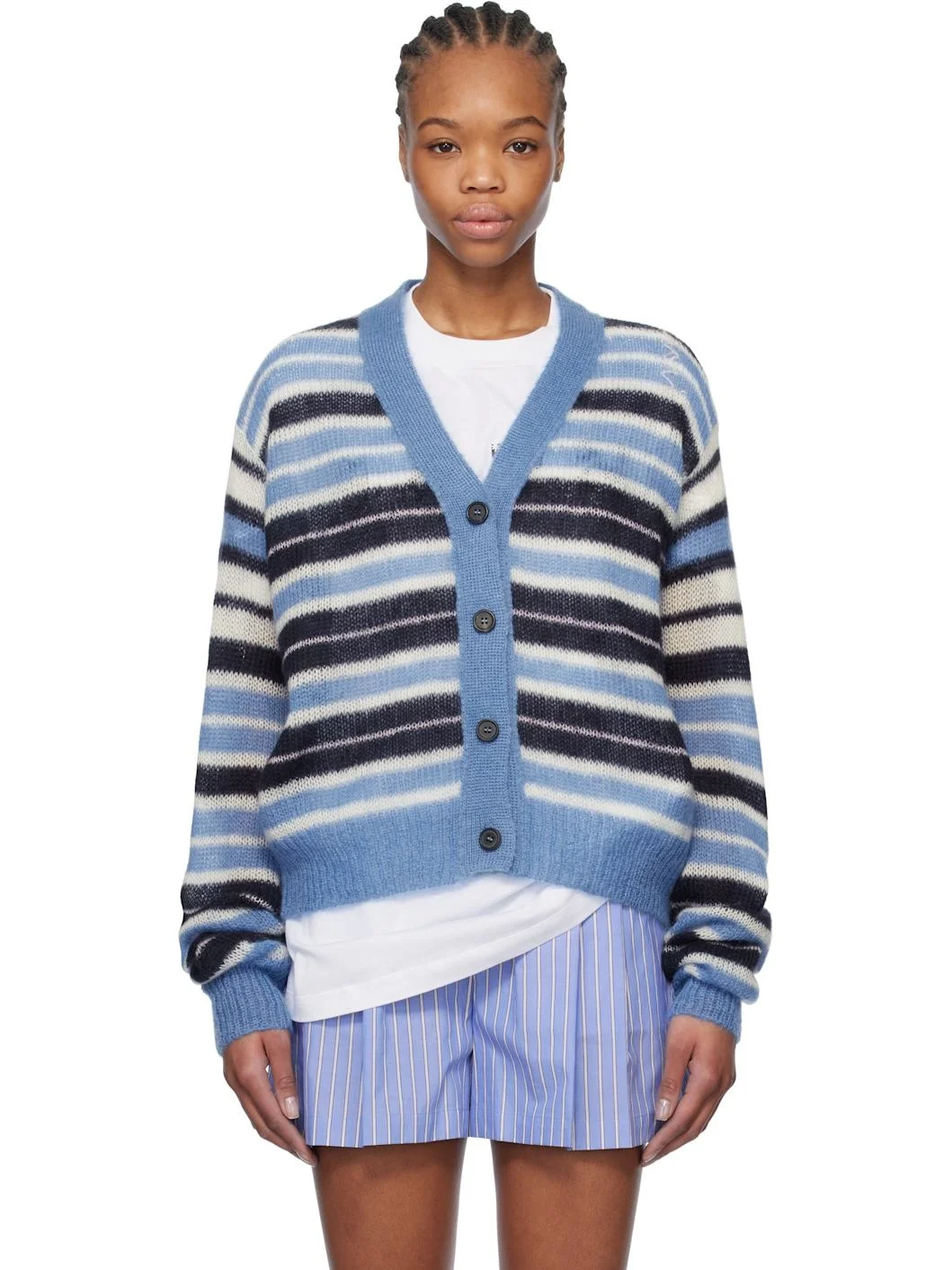 Blue Striped Mohair Cardigan - 1