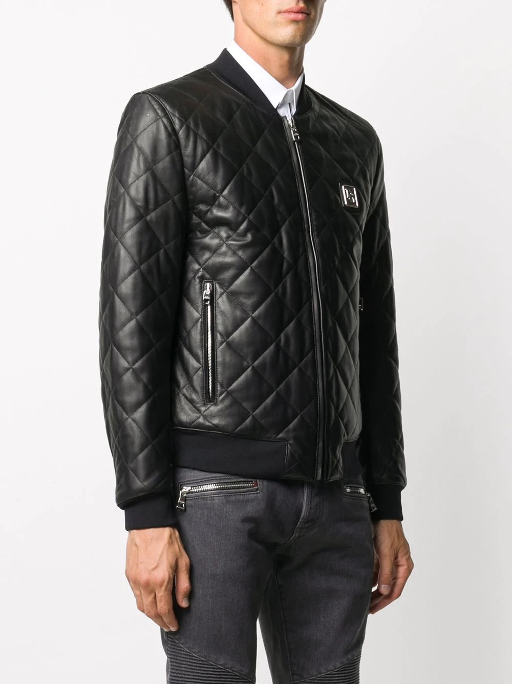 quilted leather jacket with logo plaque - 3