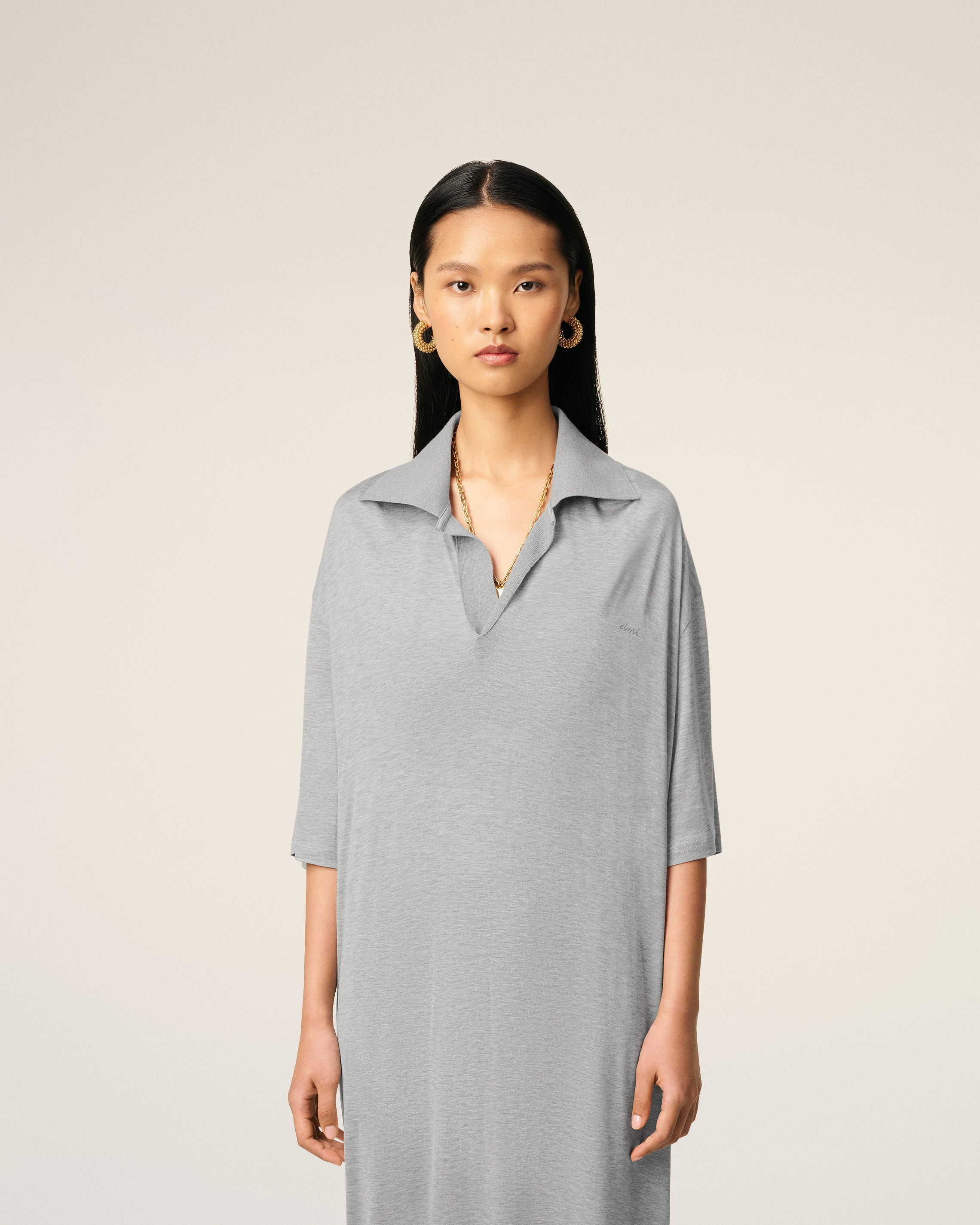 GREY COTTON SHORT SLEEVE LONG POLO DRESS - 3