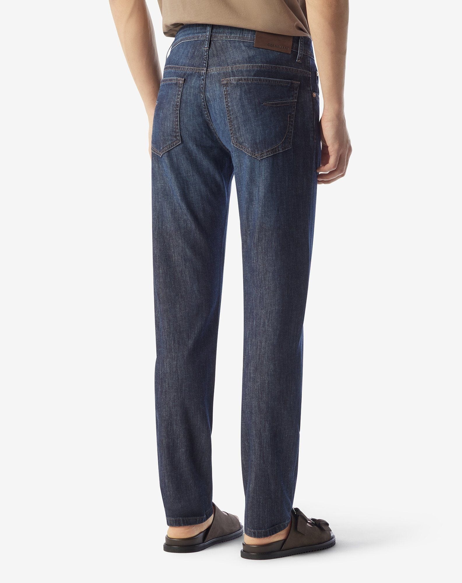 Navy blue stretch cotton, lyocell and linen 5-pocket trousers - 3
