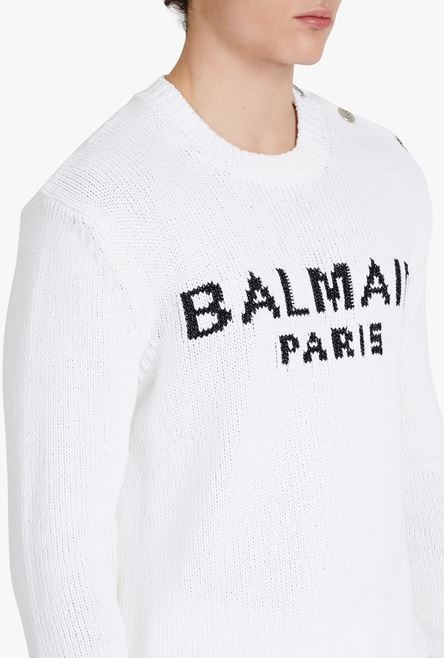 White cotton sweater with embroidered black Balmain Paris logo - 6