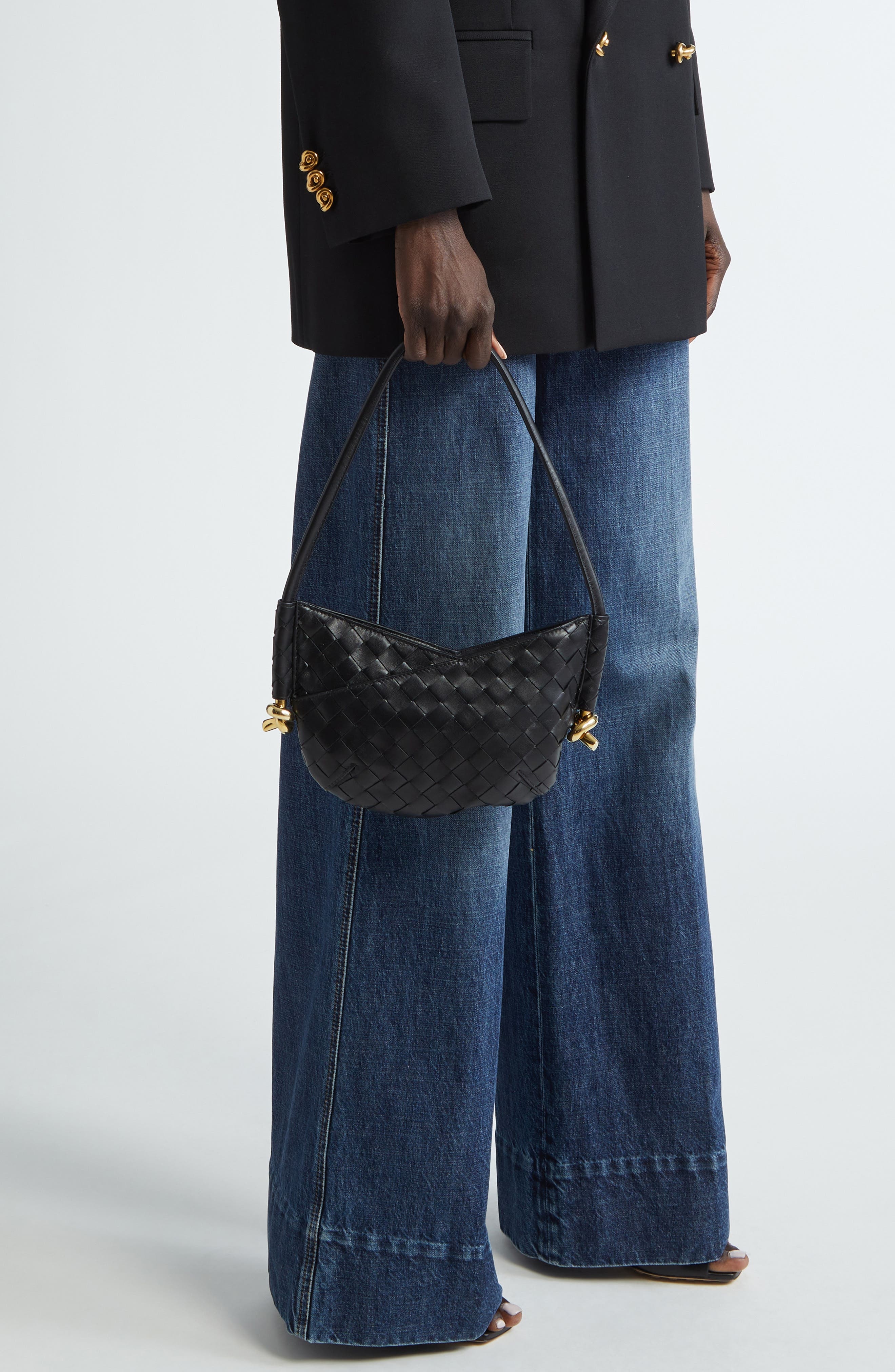 Bottega Veneta Mini Solstice Intrecciato Leather Hobo Bag in 1019 Black-M Brass at Nordstrom - 3
