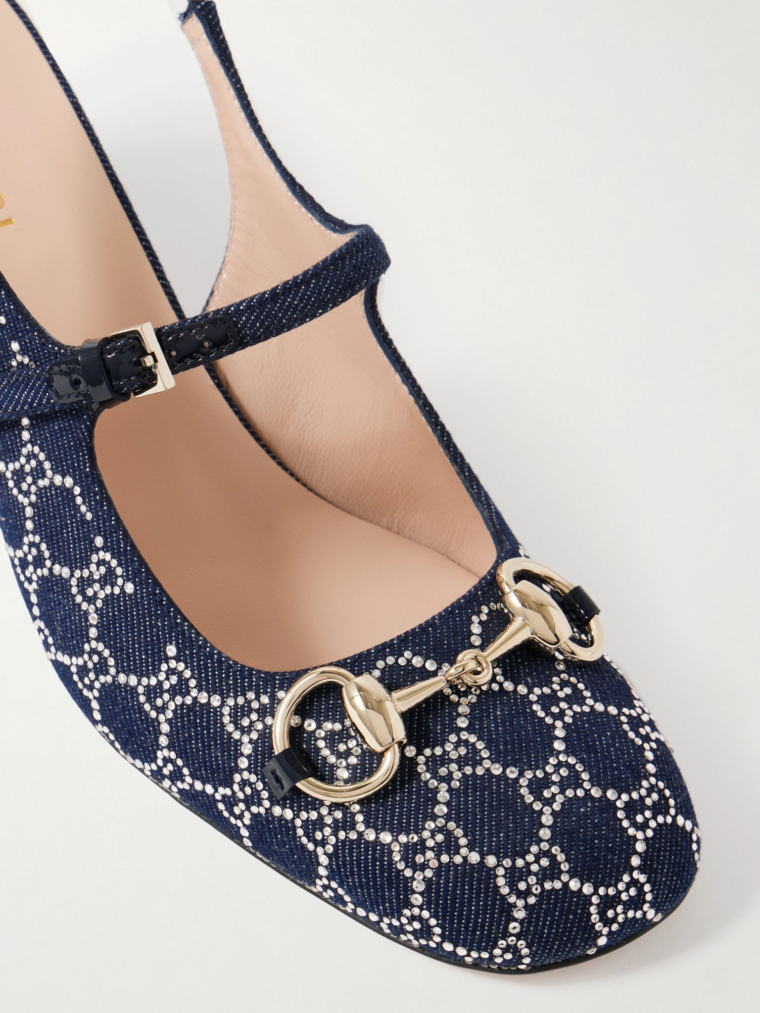 Lady horsebit-detailed crystal-embellished denim Mary Jane pumps Navy - 4