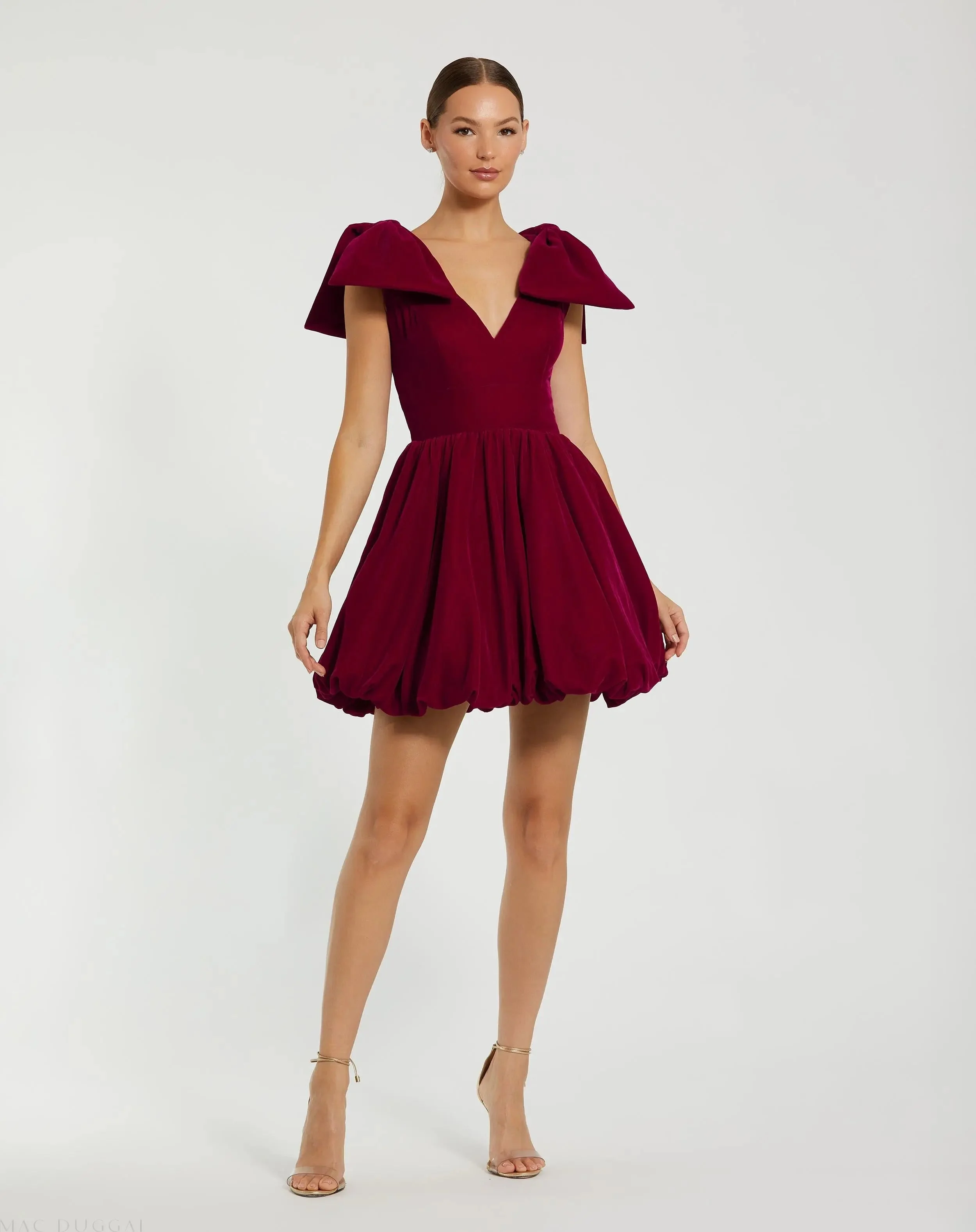 Red Velvet Shoulder Bow Bubble Mini Dress - FINAL SALE - 1
