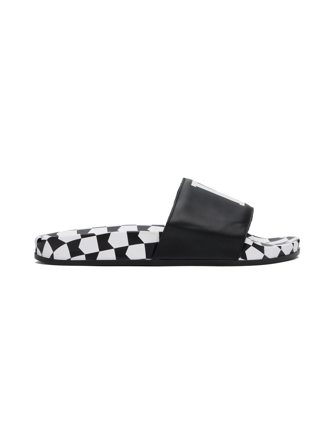 Black Checkered Leather Slides - 1