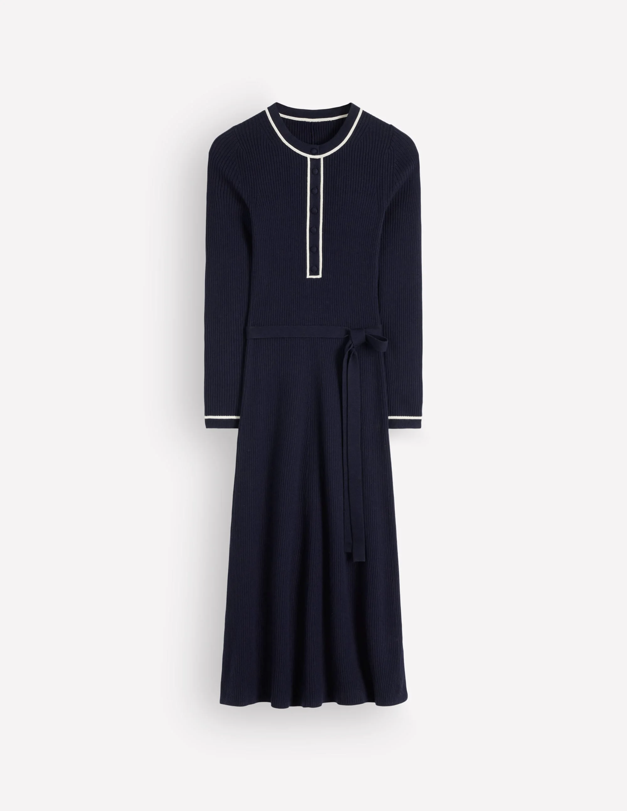 Paula Ribbed Crew Dress-Navy, Warm Ivory - 1