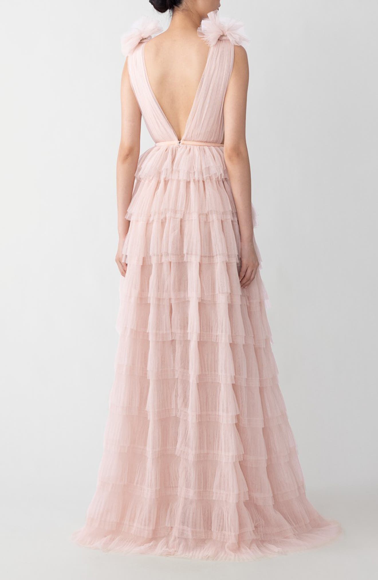 SAU LEE Sabrina Plunge Neck Tiered Tulle Gown in Nude Pink at Nordstrom - 2