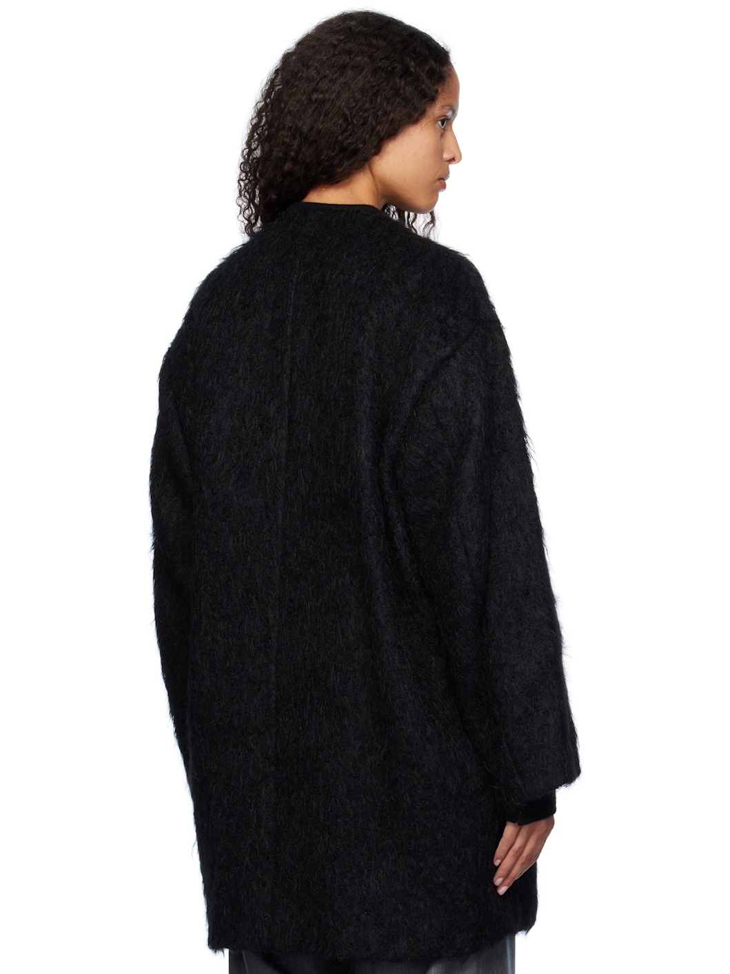 Black Brushed Mohair Shaggy Coat - 3