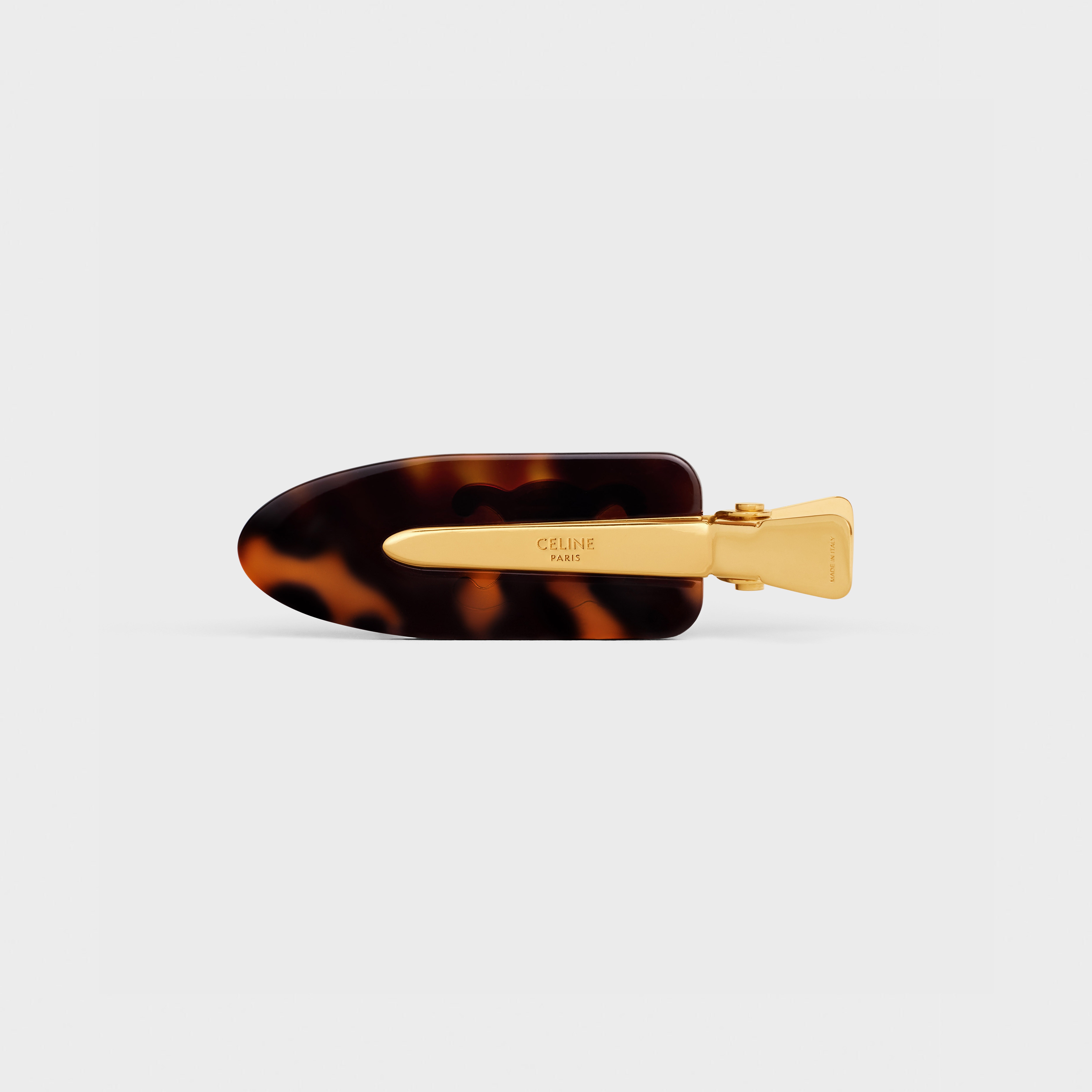CELINE Triomphe Flat Hair Clip in Dark Havana Acetate and Brass with Gold  Finish and Steel