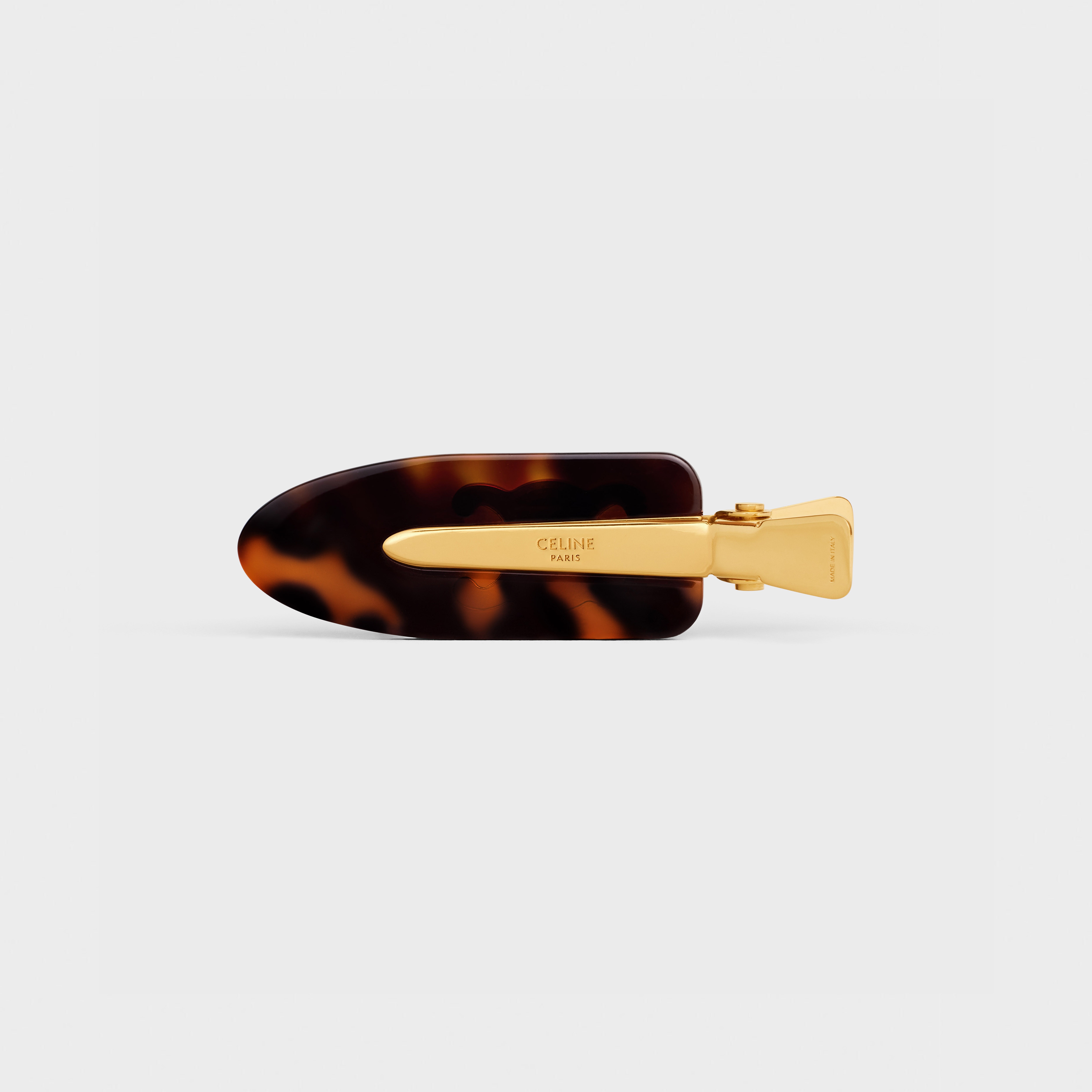 Triomphe Flat Hair Clip in Dark Havana Acetate and Brass with Gold Finish and Steel - 3