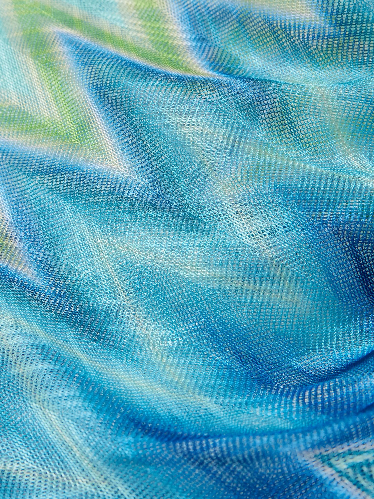 One-shoulder fringed printed tulle mini dress Turquoise - 4